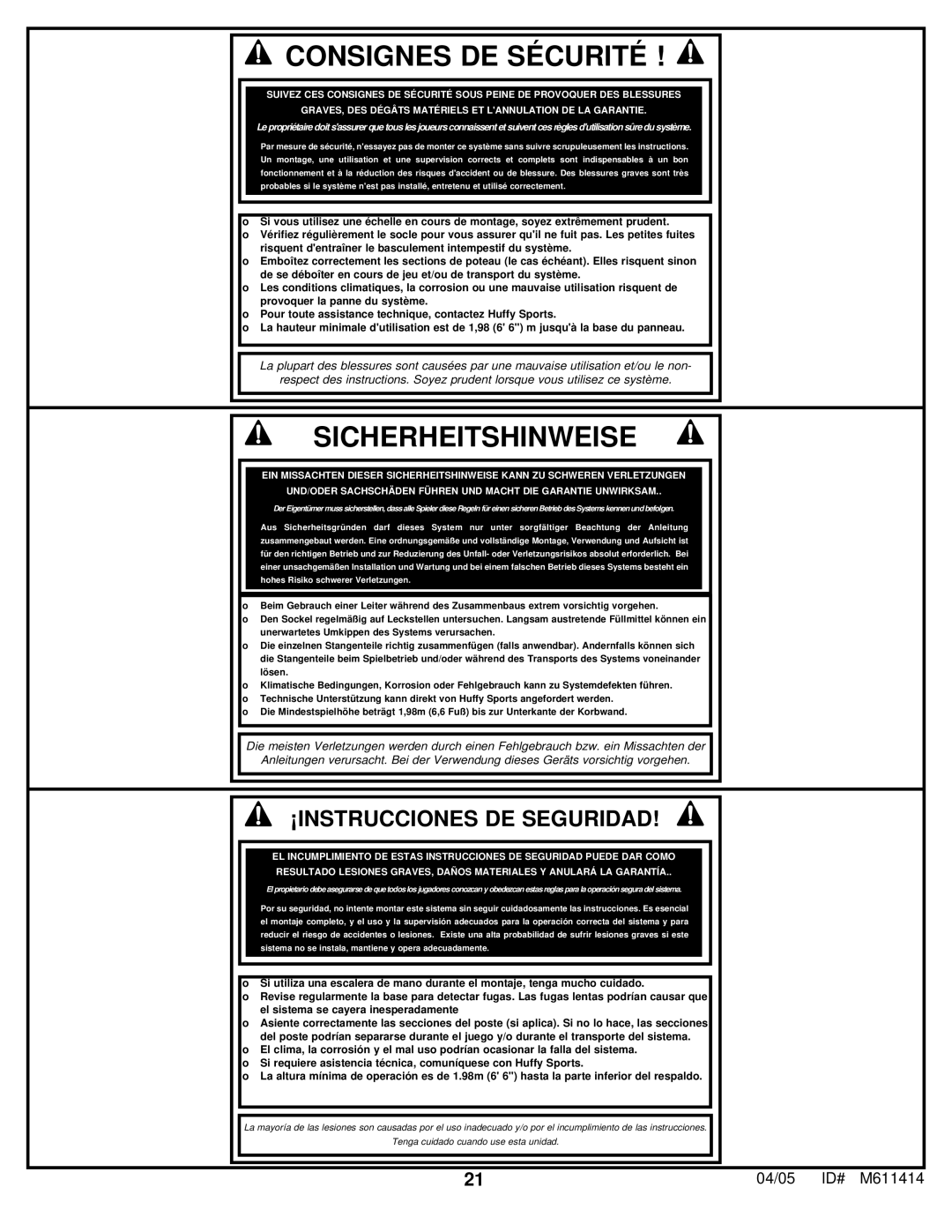 Huffy KD-S33 manual Consignes DE Sécurité 