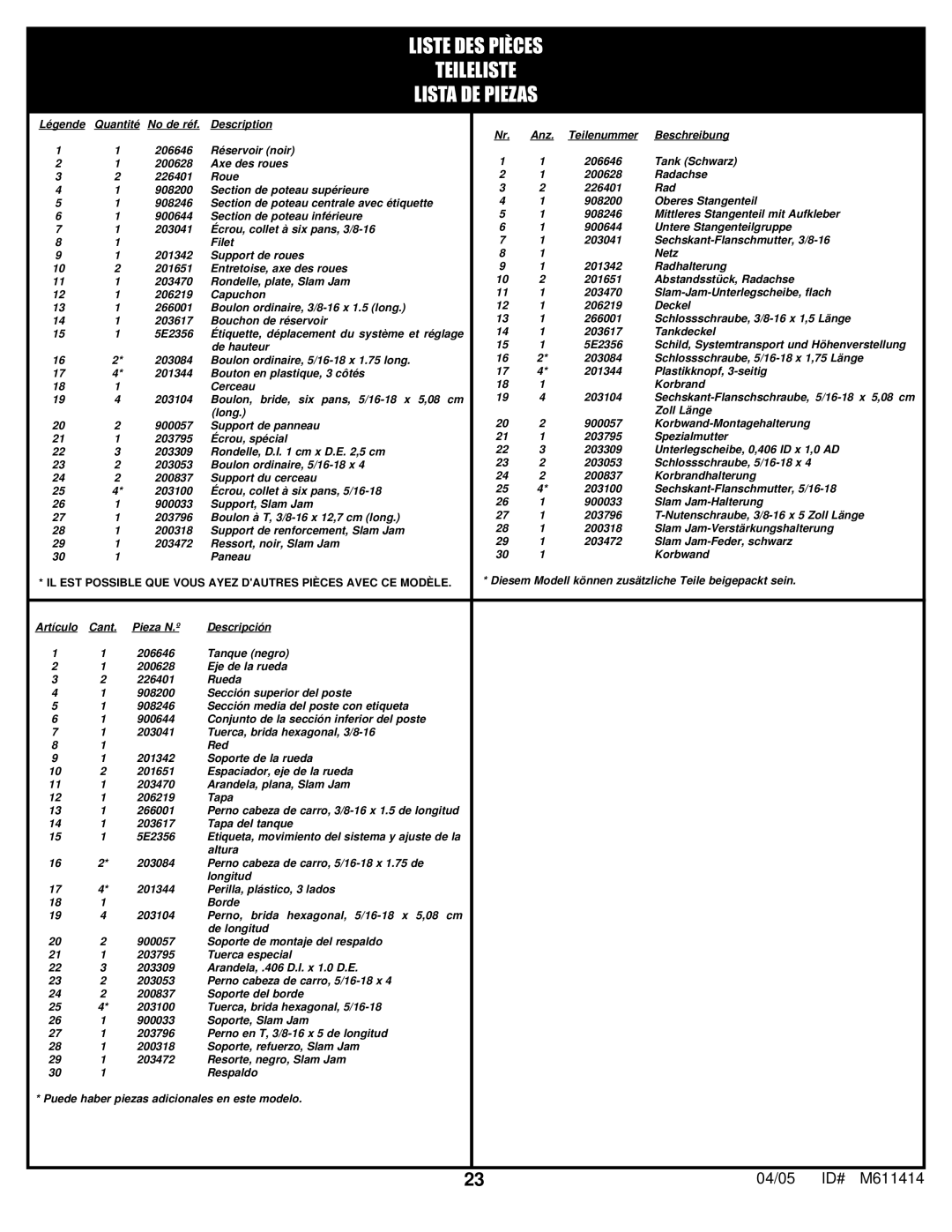 Huffy KD-S33 manual Liste DES Pièces Teileliste Lista DE Piezas 