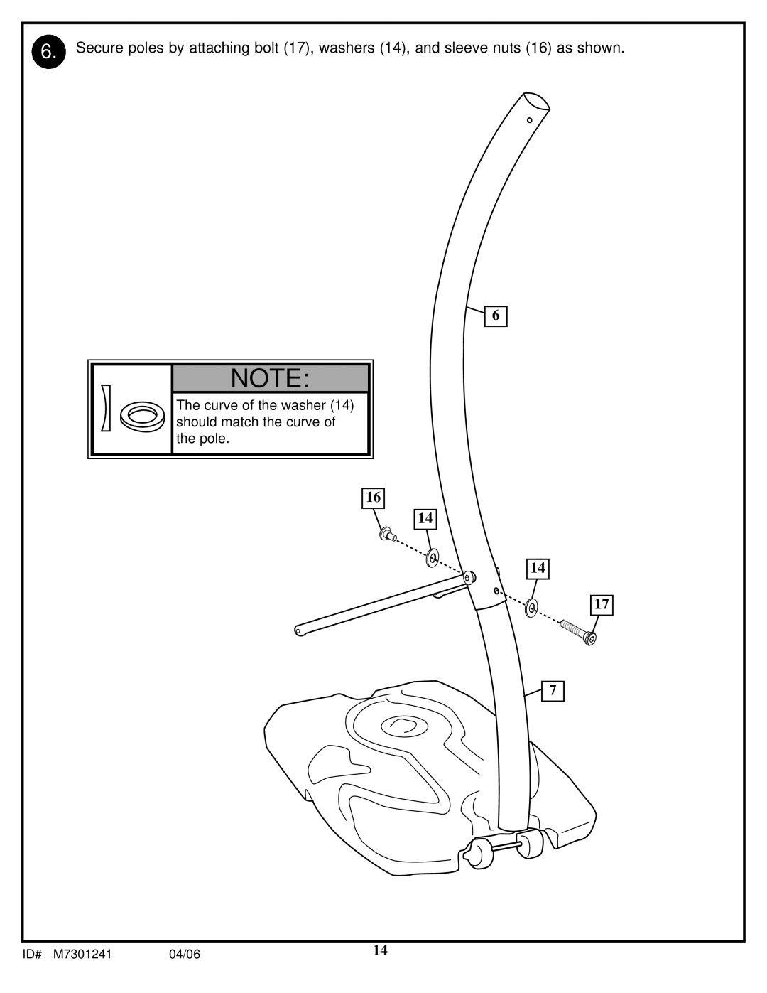 Huffy LDF6920 manual Curve of the washer 14 should match the curve of the pole 