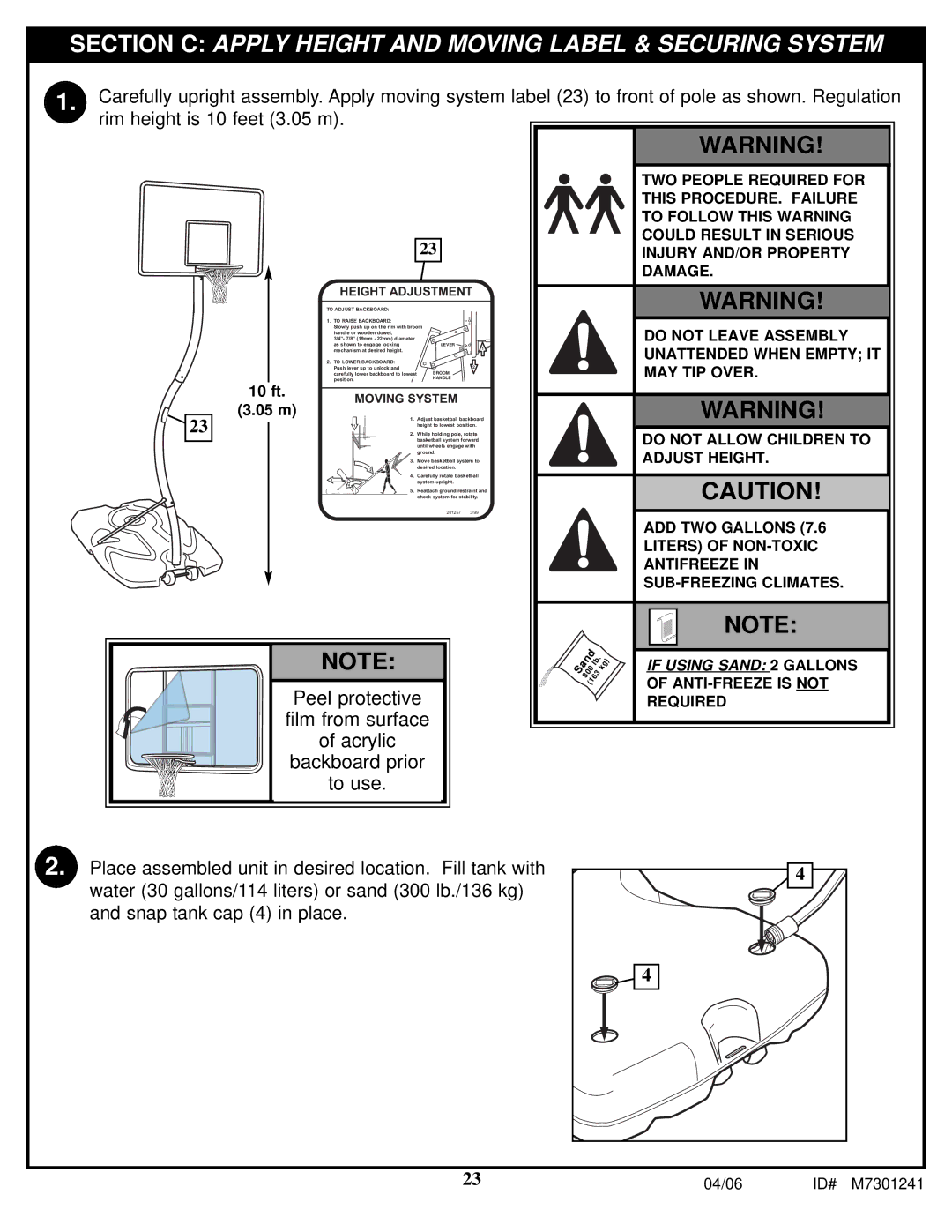 Huffy LDF6920 manual Section C Apply Height and Moving Label & Securing System 