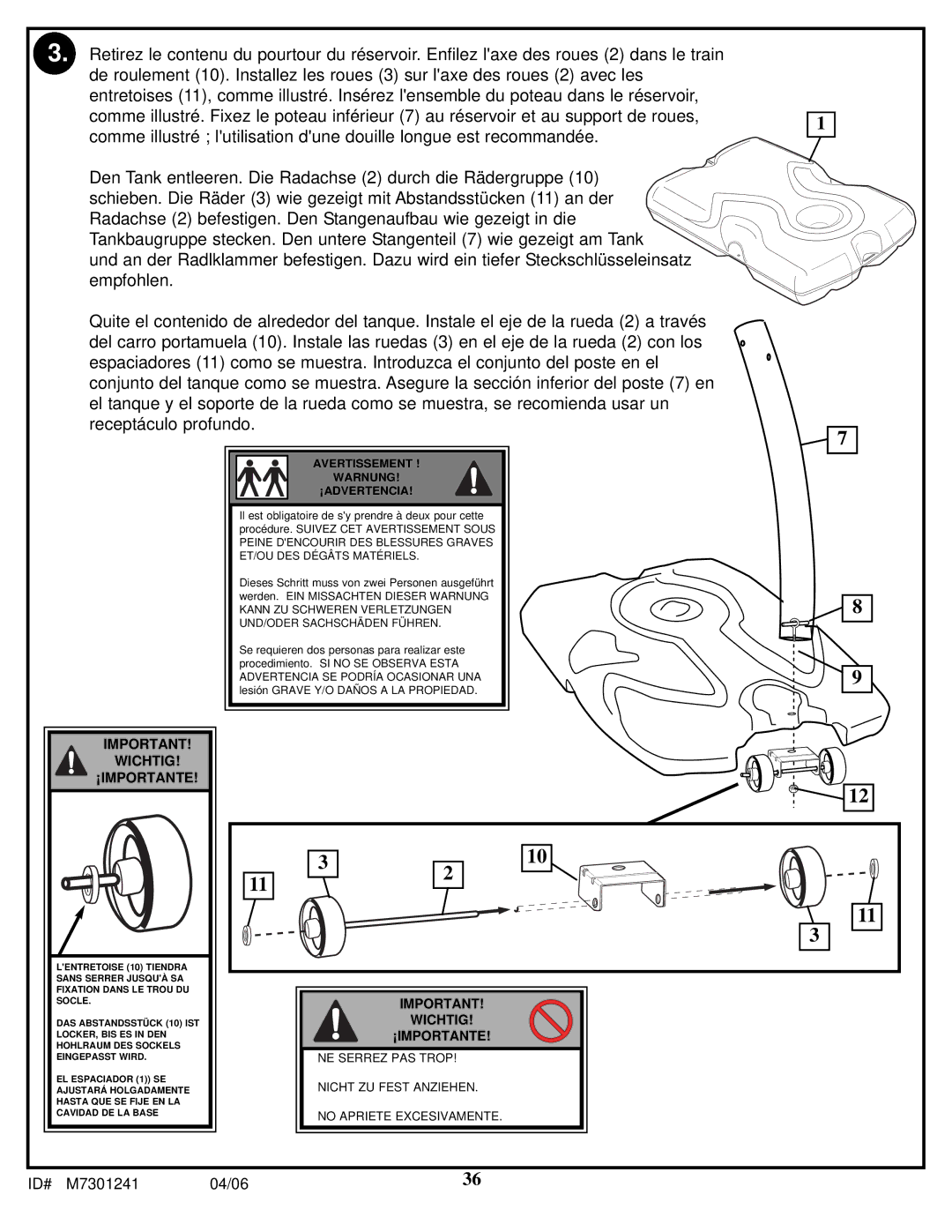 Huffy LDF6920 manual Wichtig ¡IMPORTANTE 