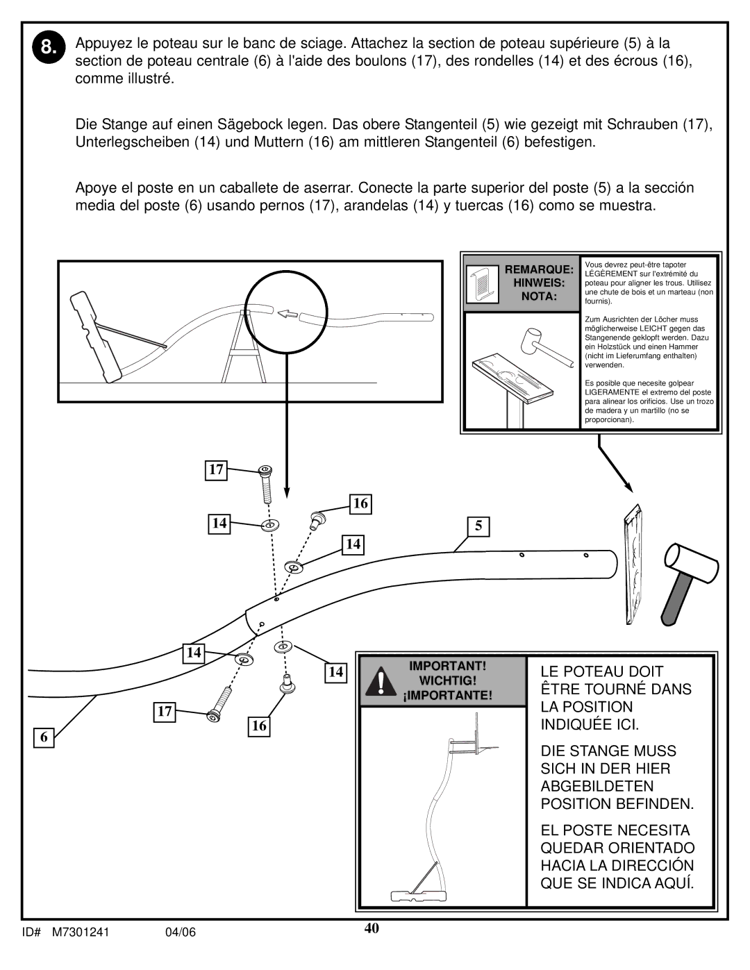 Huffy LDF6920 manual Wichtig ¡IMPORTANTE 