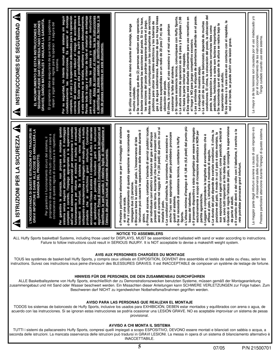 Huffy LS9 manual Istruzioni PER LA Sicurezza, Instrucciones DE Seguridad, 07/05 P/N 