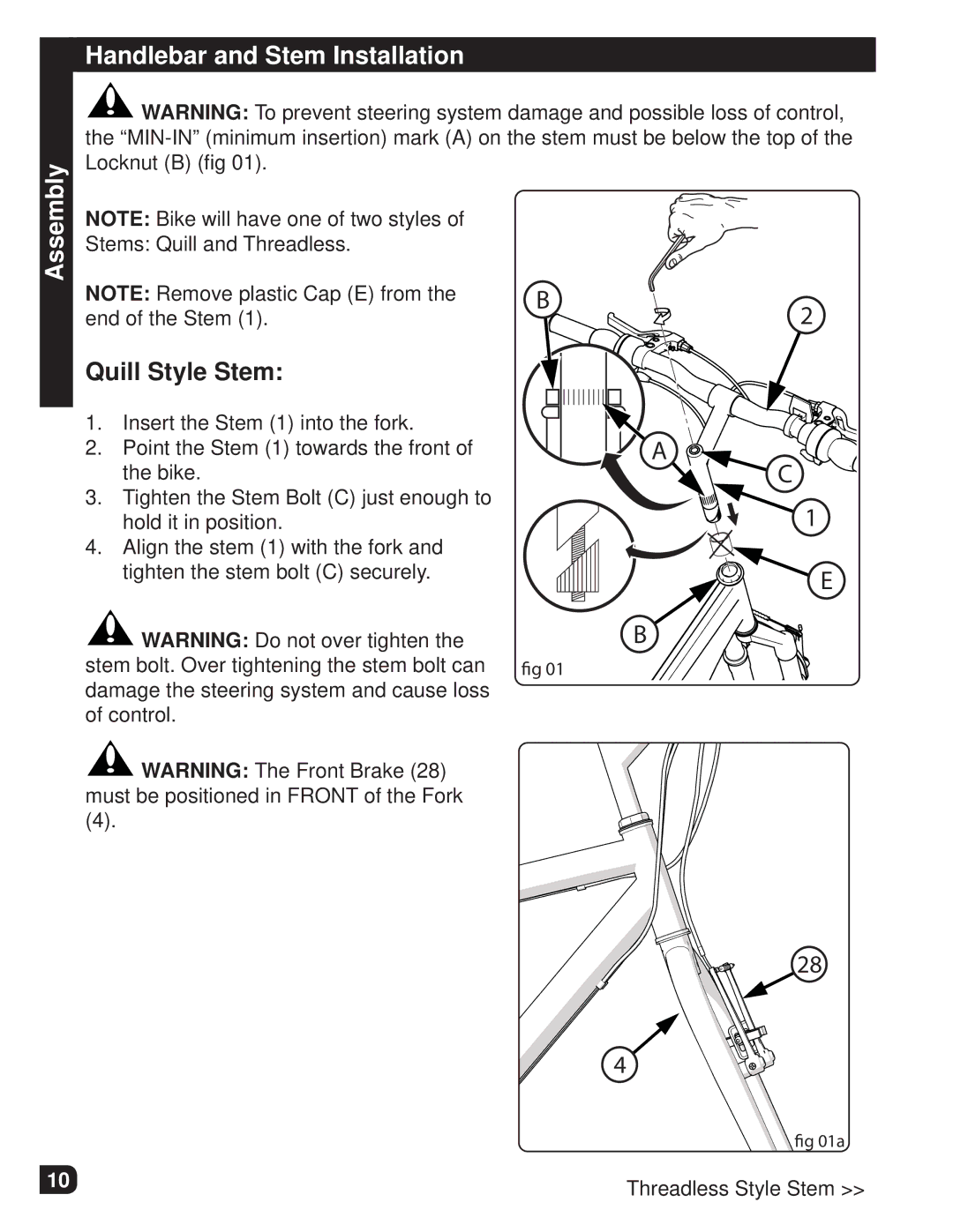 Huffy M0012 manual Handlebar and Stem Installation, Quill Style Stem 