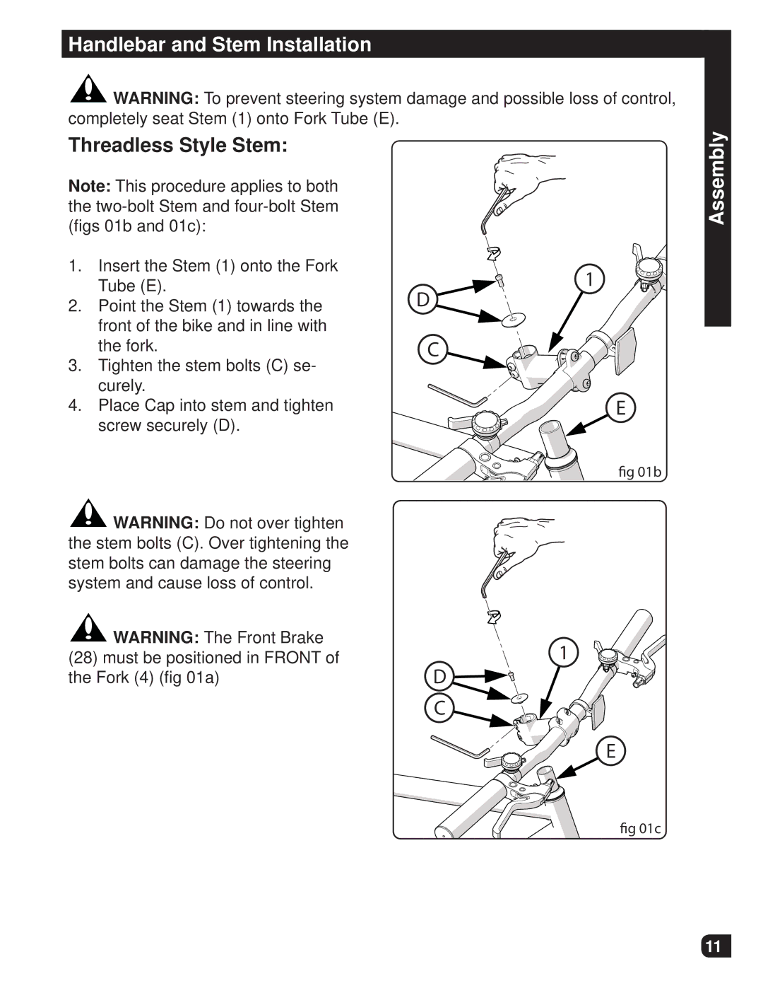 Huffy M0012 manual Threadless Style Stem 