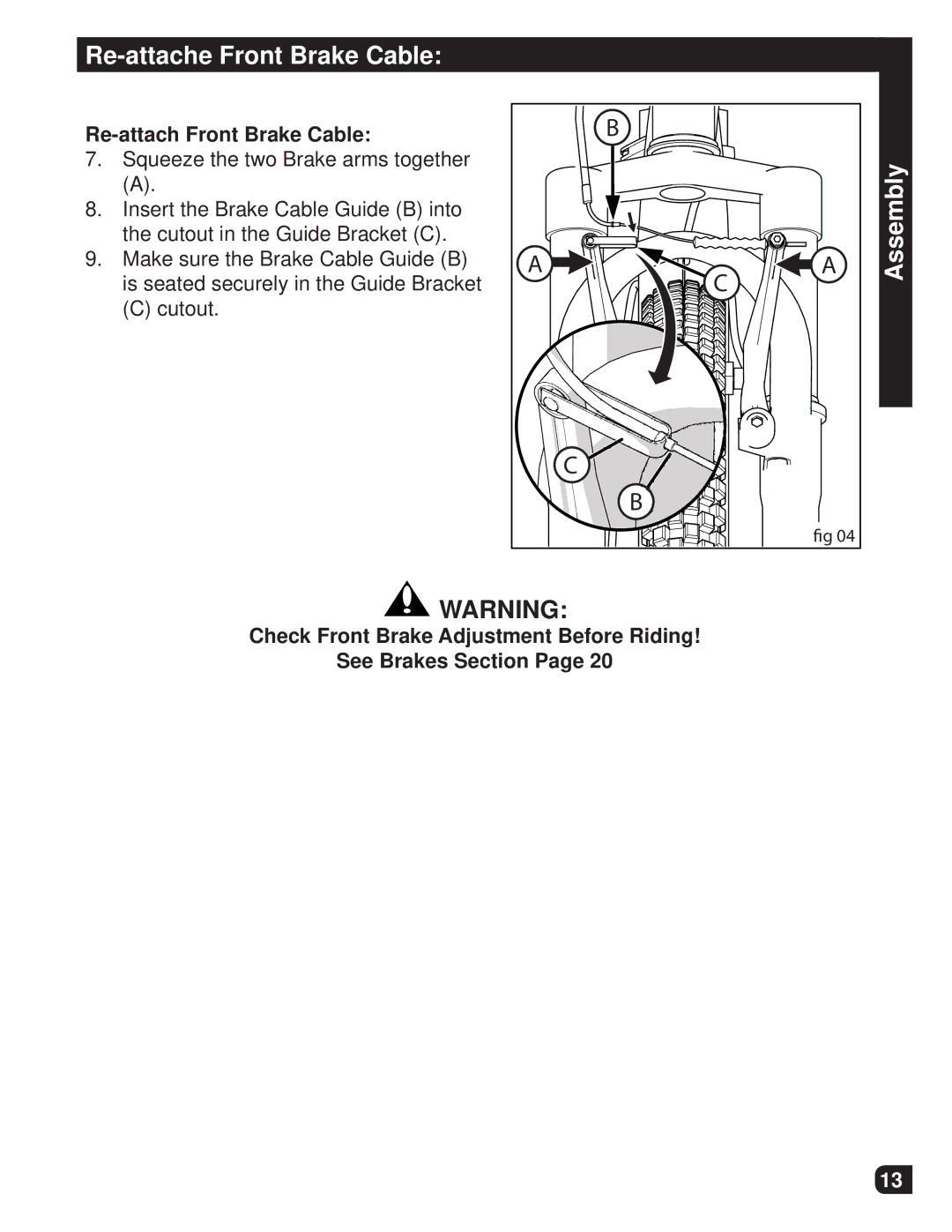 Huffy M0012 manual Re-attache Front Brake Cable, Re-attach Front Brake Cable 