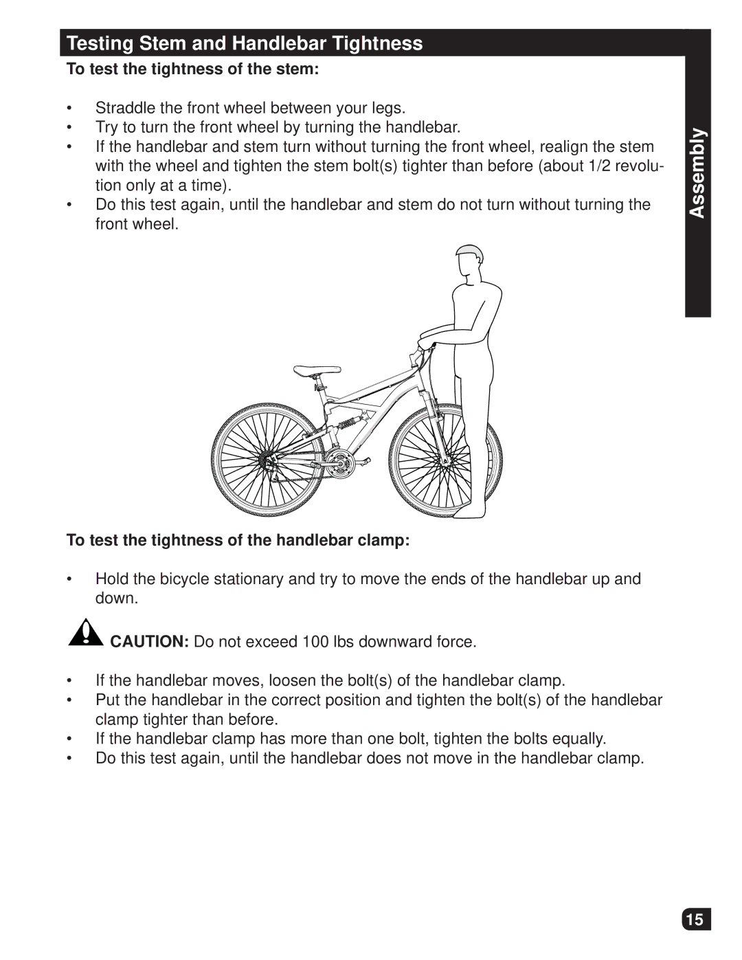 Huffy M0012 manual Testing Stem and Handlebar Tightness, To test the tightness of the stem 