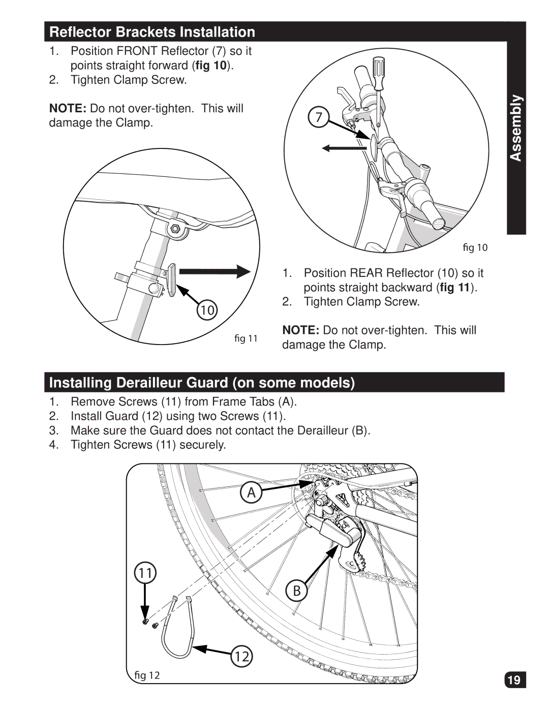 Huffy M0012 manual Reﬂector Brackets Installation, Installing Derailleur Guard on some models 