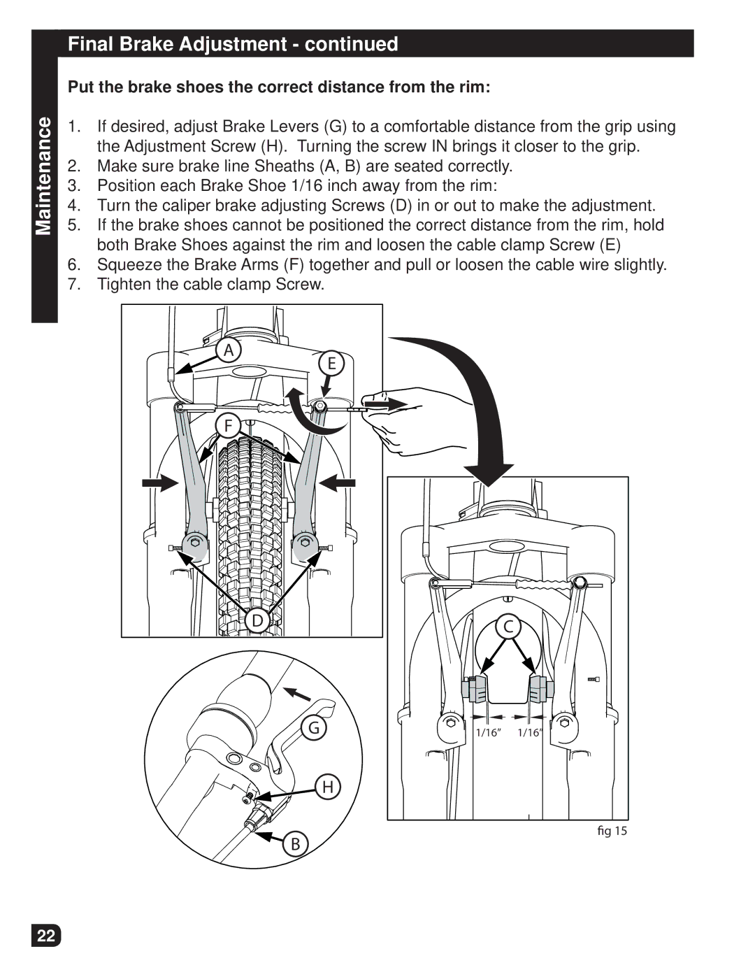 Huffy M0012 manual Maintenance Final Brake Adjustment, Put the brake shoes the correct distance from the rim 