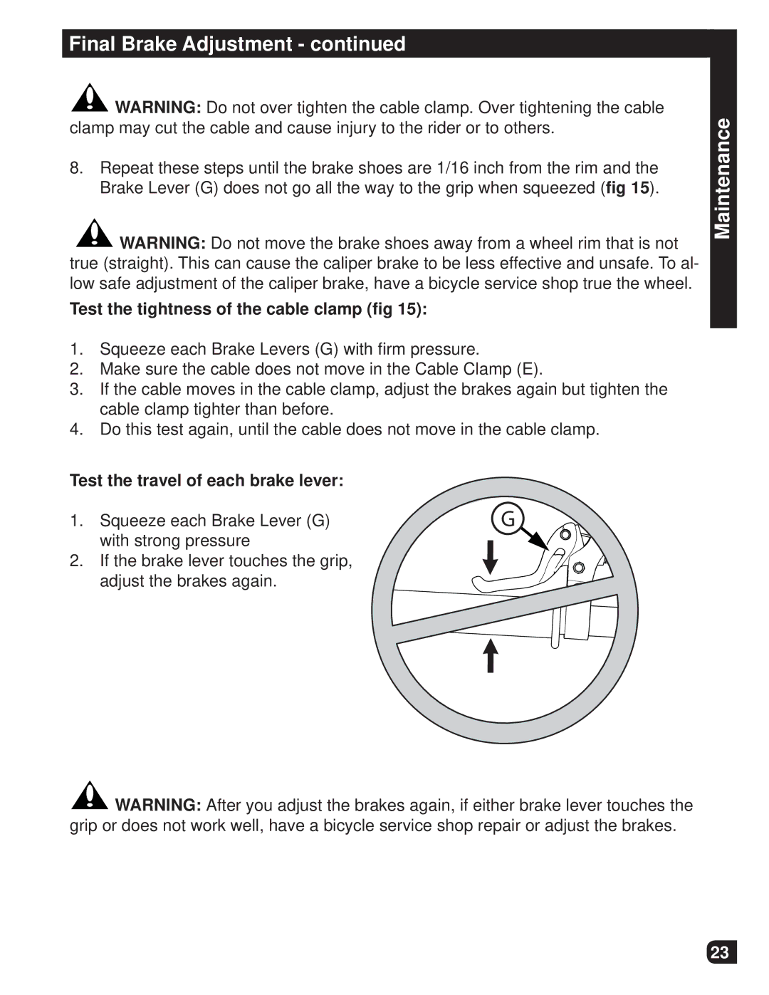 Huffy M0012 manual Maintenance, Test the tightness of the cable clamp ﬁg, Test the travel of each brake lever 