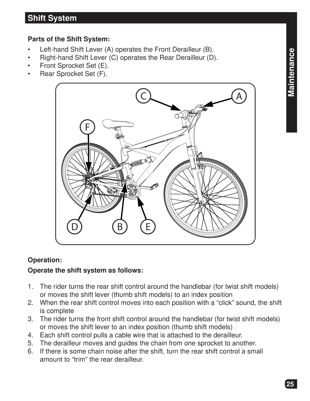 Huffy M0012 manual Parts of the Shift System, Operation Operate the shift system as follows 