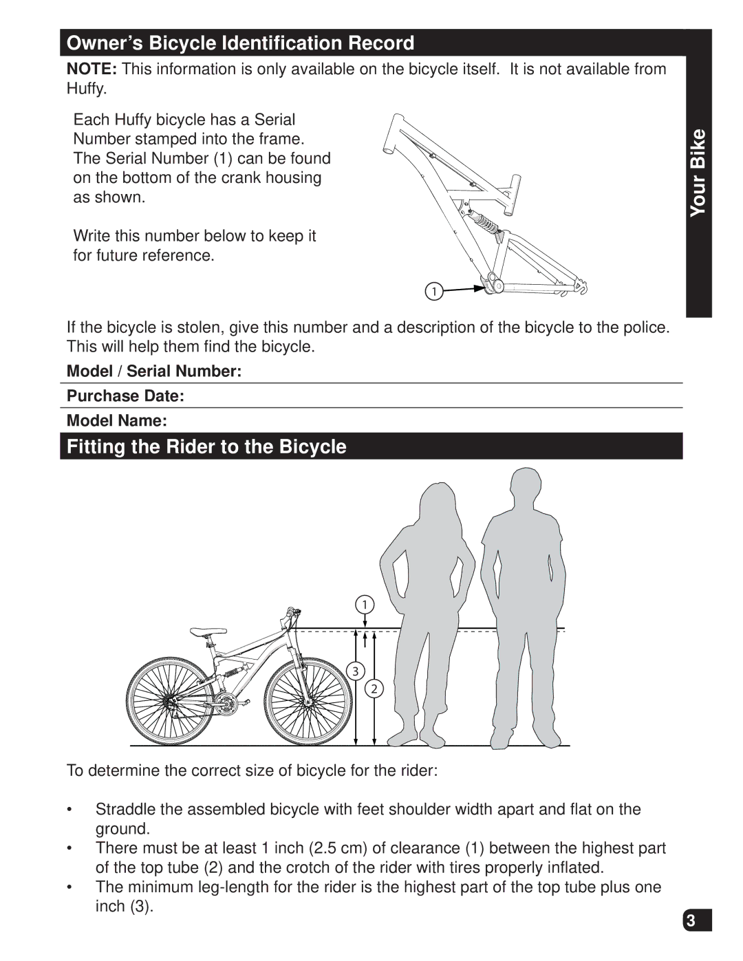 Huffy M0012 manual Owner’s Bicycle Identiﬁcation Record, Fitting the Rider to the Bicycle Your Bike 