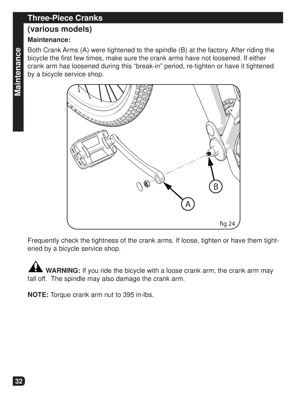 Huffy M0012 manual Maintenance Three-Piece Cranks various models 