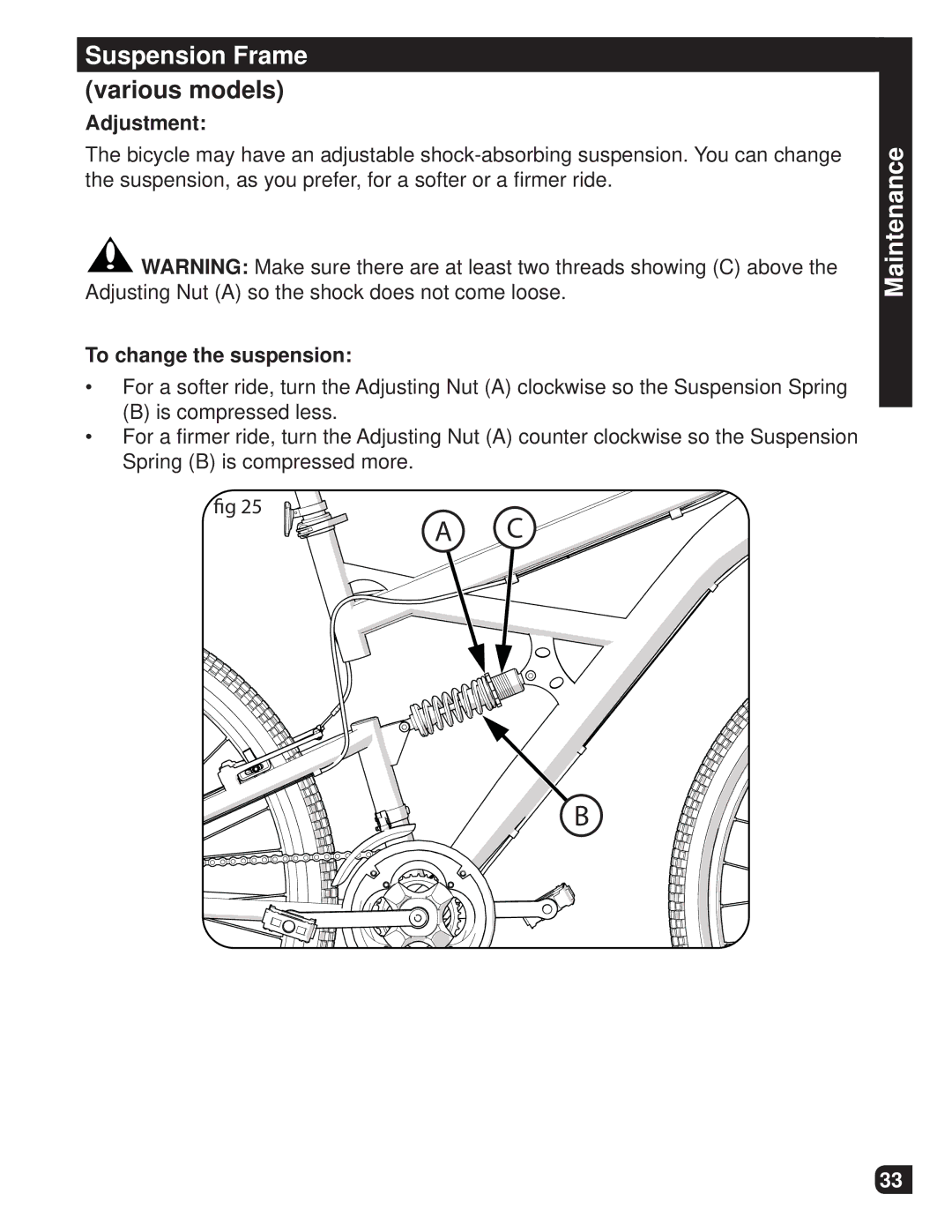 Huffy M0012 manual Suspension Frame various models, Adjustment, To change the suspension 