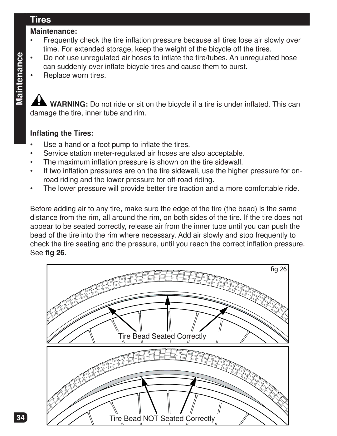 Huffy M0012 manual Maintenance Tires, Inﬂating the Tires 