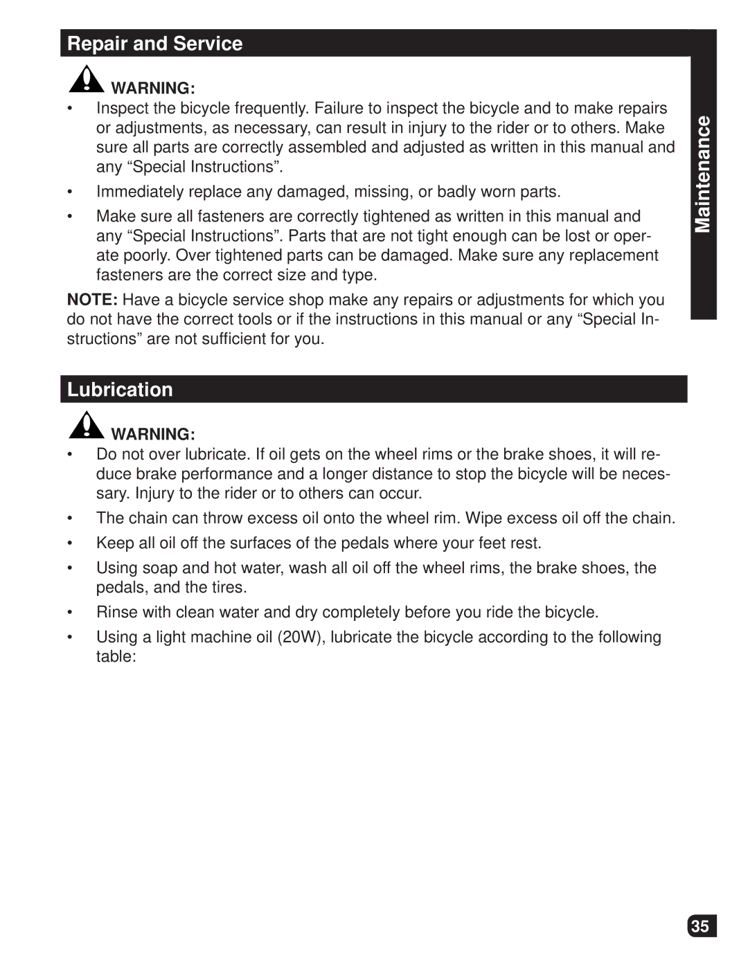 Huffy M0012 manual Repair and Service, Maintenance Lubrication 