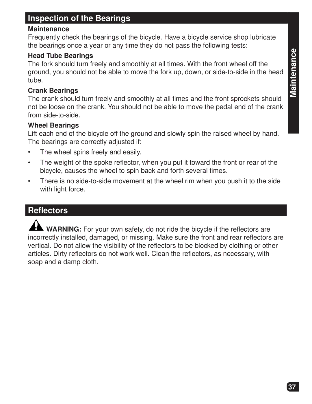 Huffy M0012 manual Inspection of the Bearings, Maintenance Reﬂectors, Head Tube Bearings, Crank Bearings, Wheel Bearings 