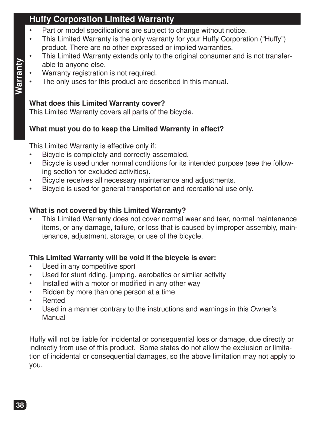 Huffy M0012 manual Warranty Huffy Corporation Limited Warranty, What does this Limited Warranty cover? 