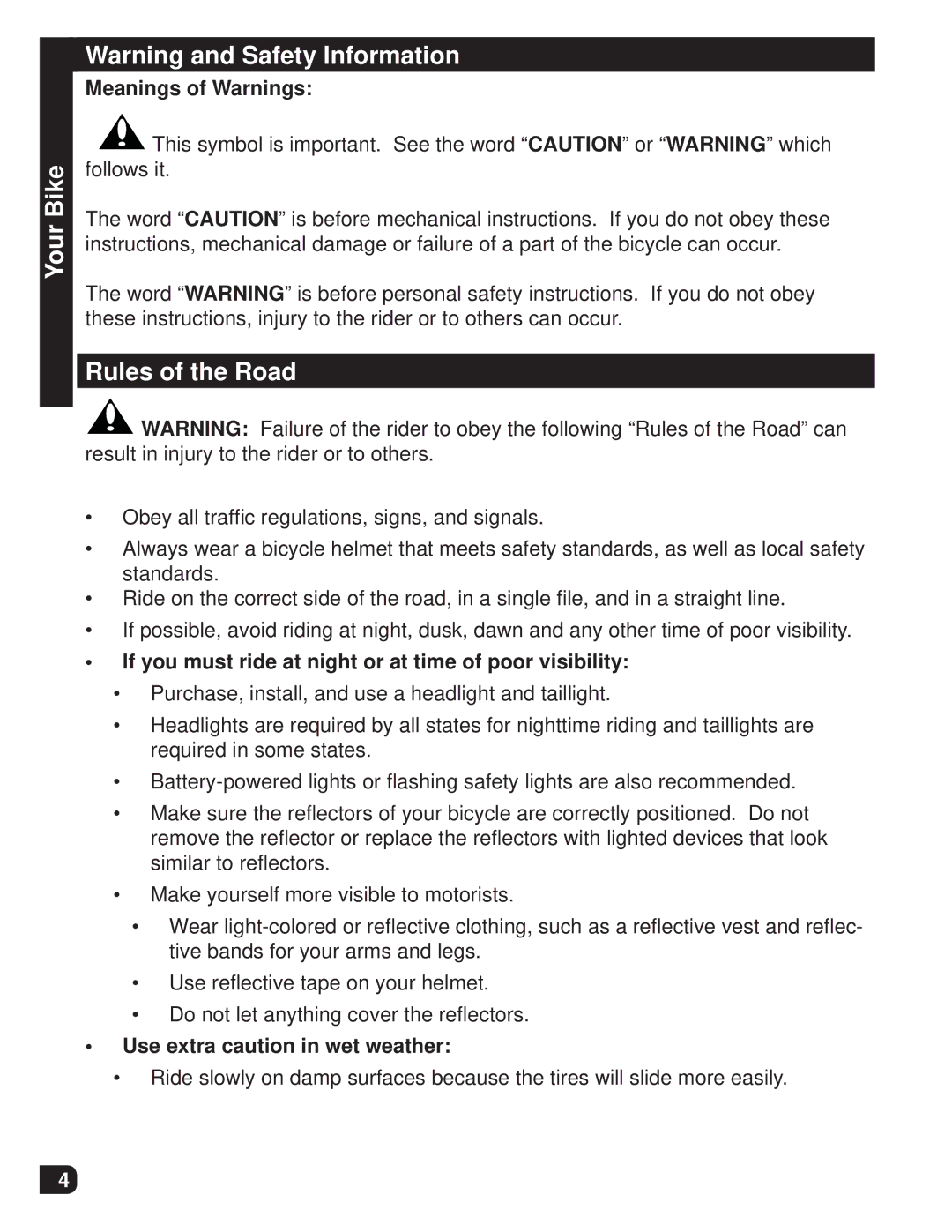 Huffy M0012 manual Rules of the Road, Meanings of Warnings, If you must ride at night or at time of poor visibility 