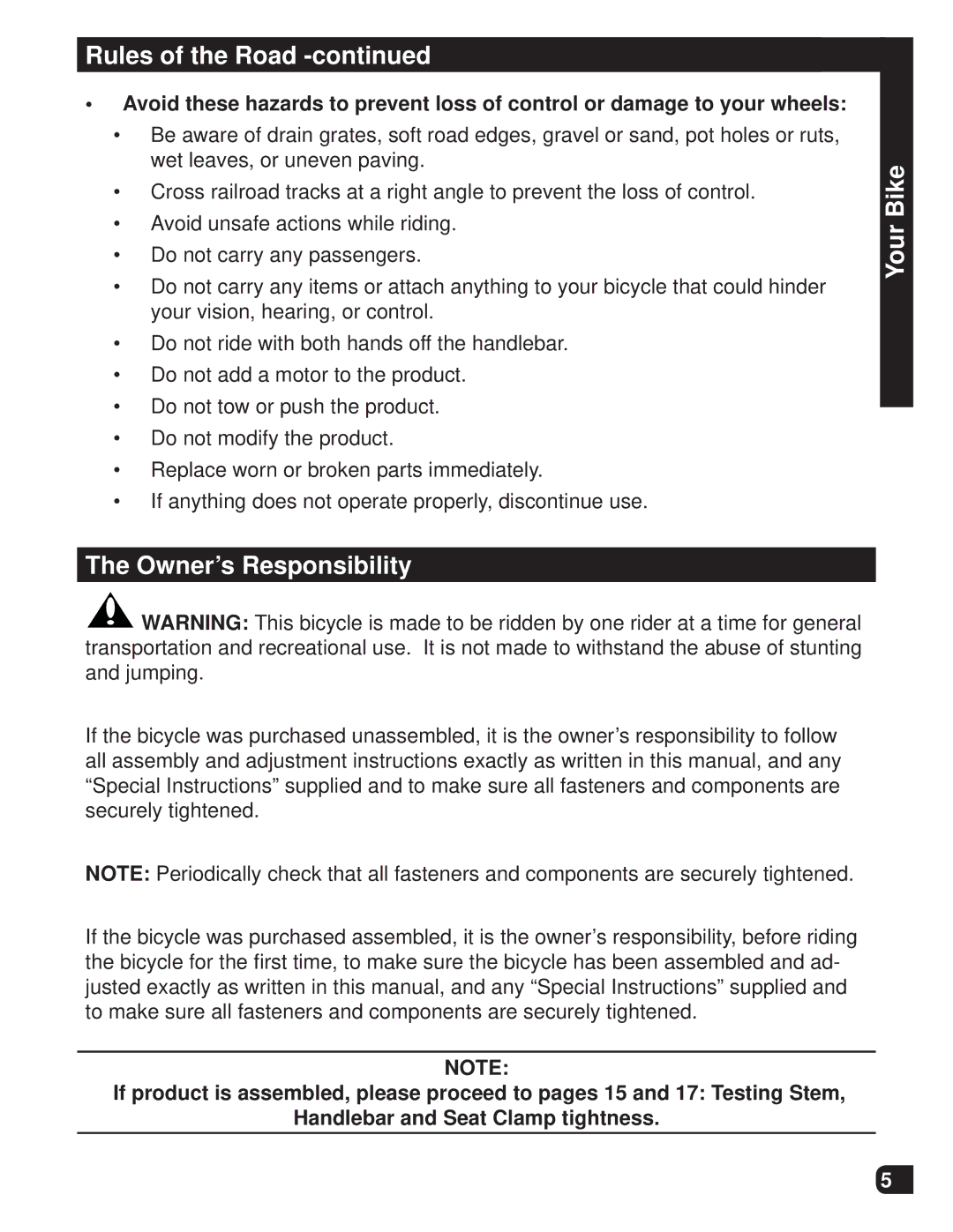 Huffy M0012 manual Your Bike Owner’s Responsibility 