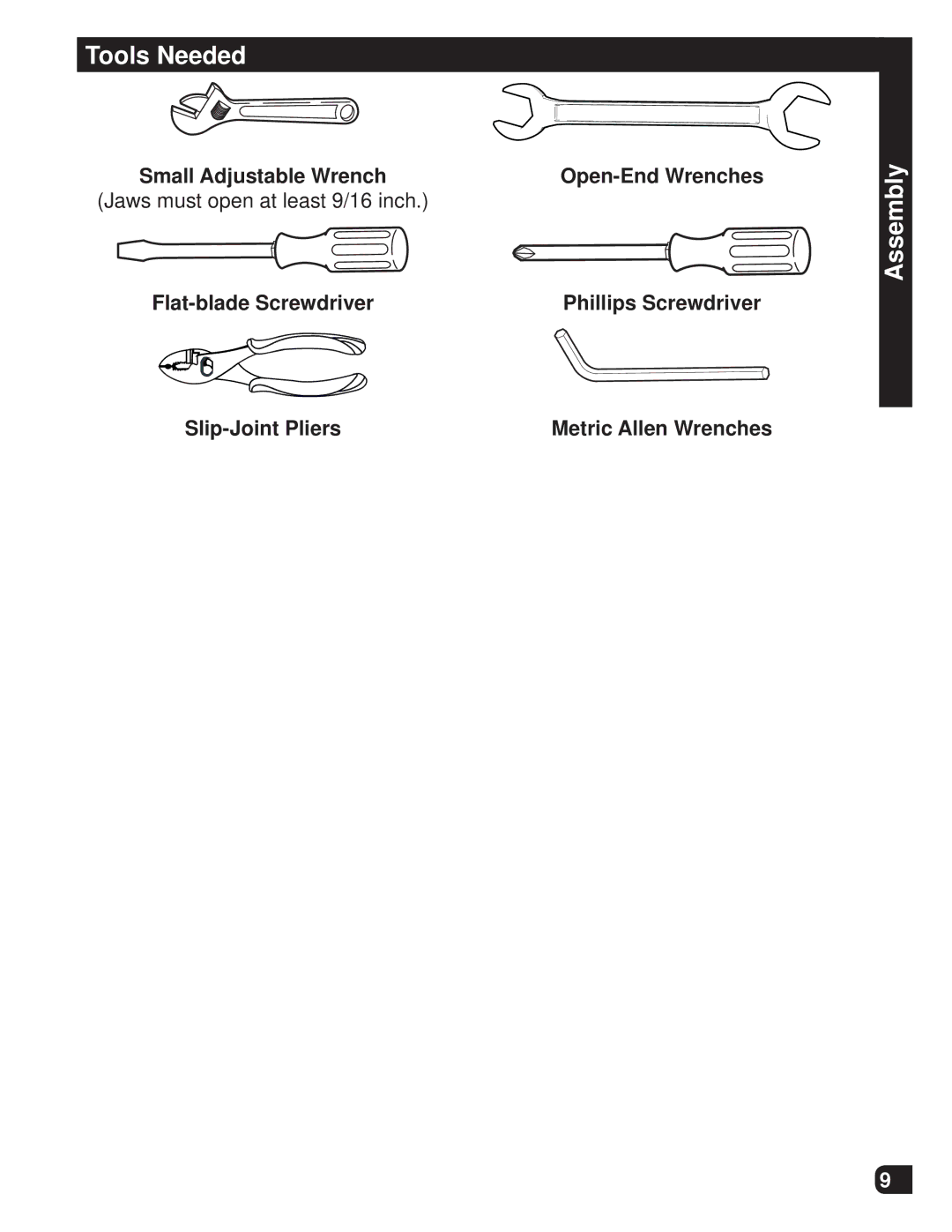 Huffy M0012 manual Tools Needed, Assembly, Small Adjustable Wrench, Flat-blade Screwdriver, Slip-Joint Pliers 