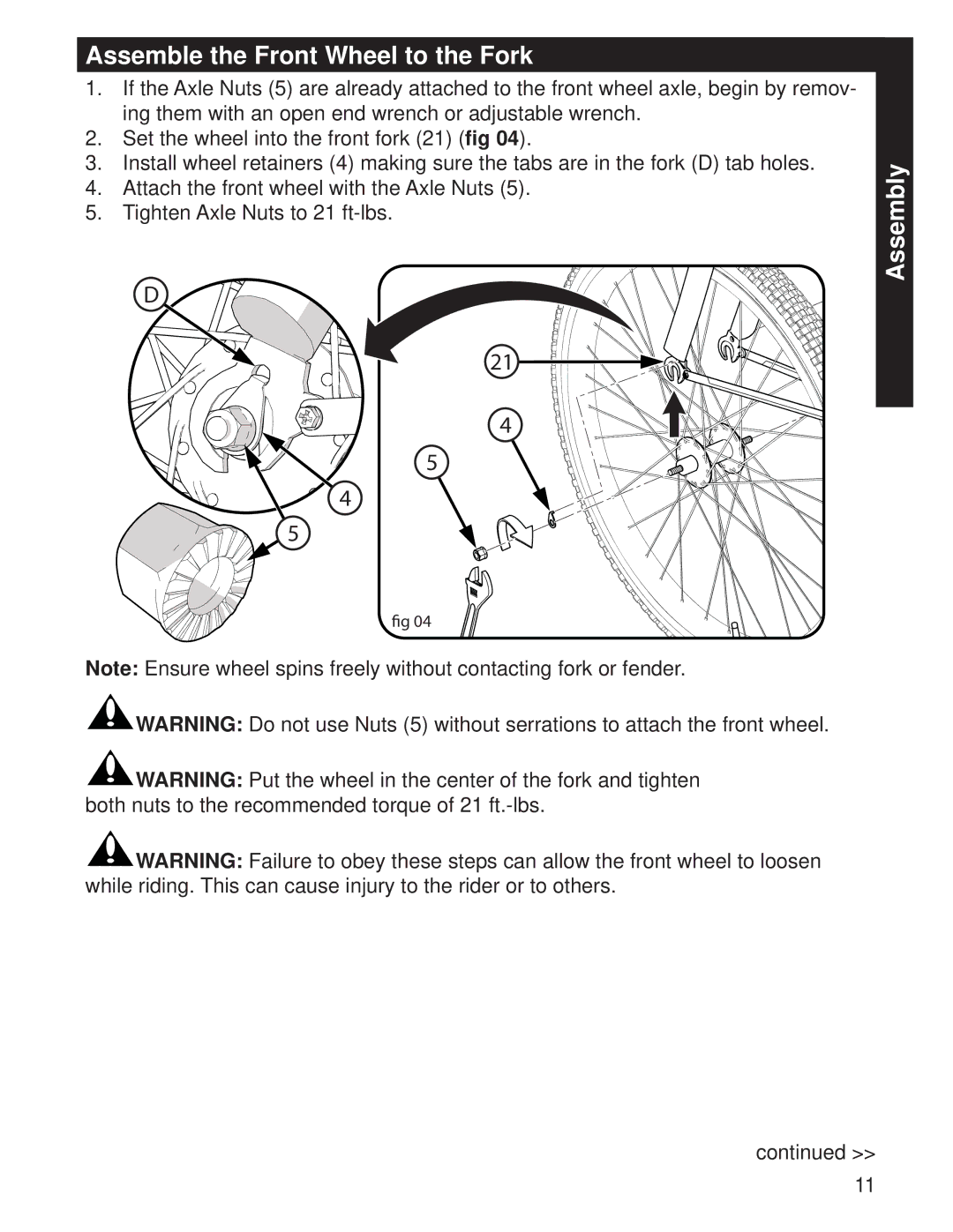 Huffy M0073 manual Assemble the Front Wheel to the Fork 