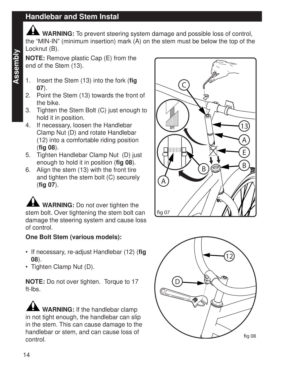 Huffy M0073 manual Handlebar and Stem Instal, One Bolt Stem various models 