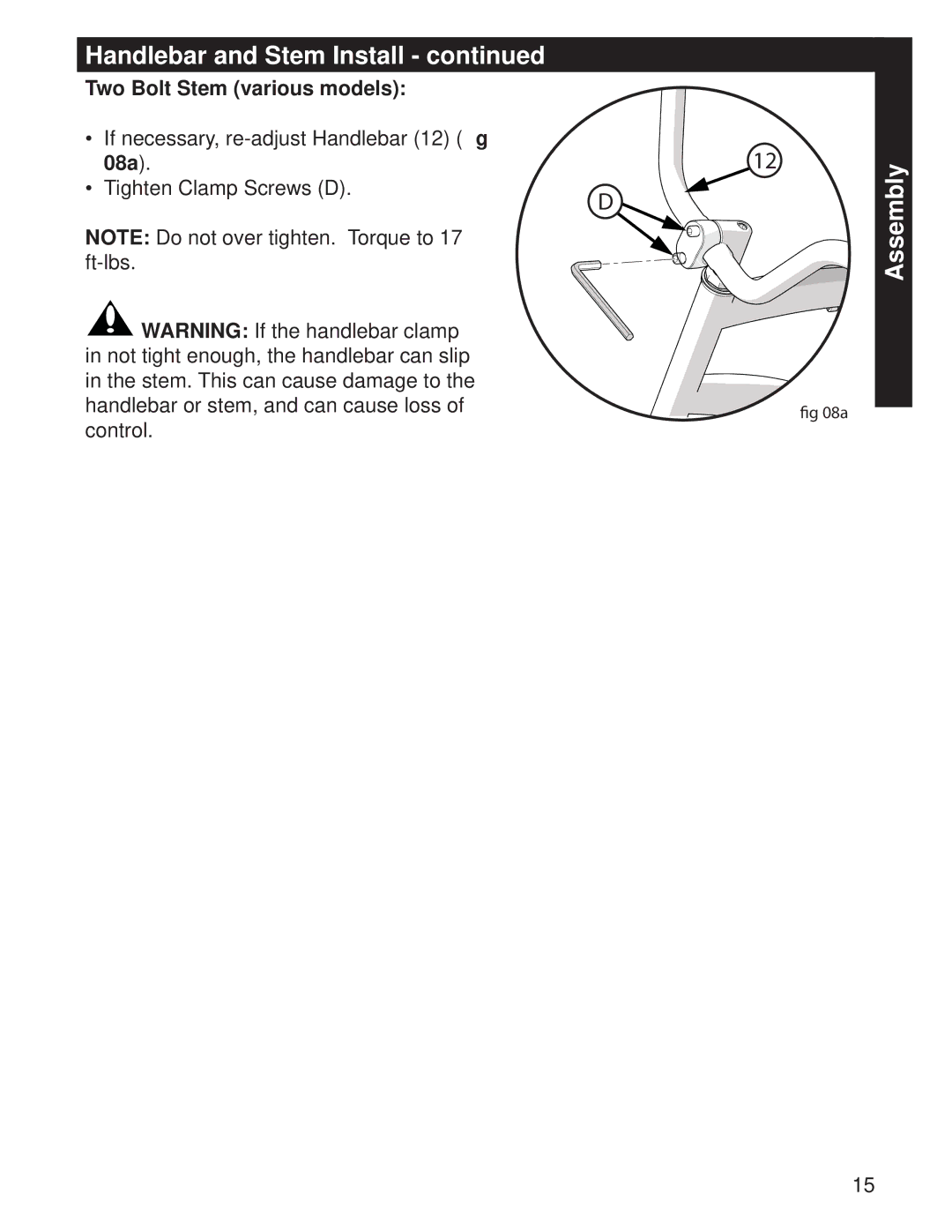 Huffy M0073 manual Handlebar and Stem Install, Two Bolt Stem various models, 08a 