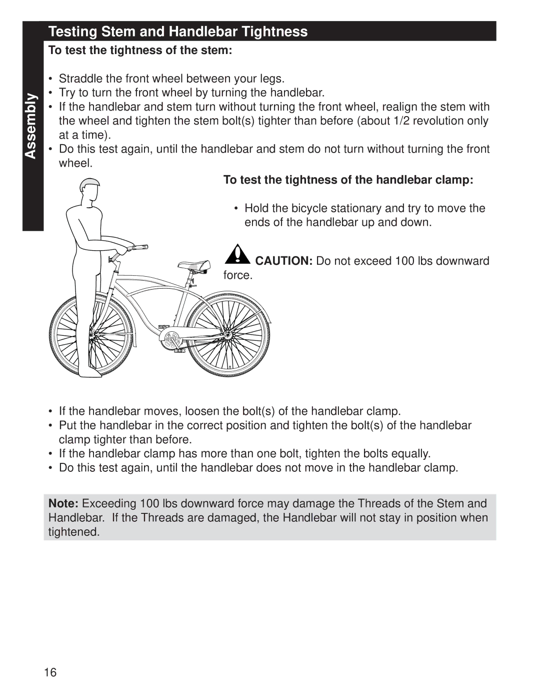 Huffy M0073 manual Assembly Testing Stem and Handlebar Tightness, To test the tightness of the stem 