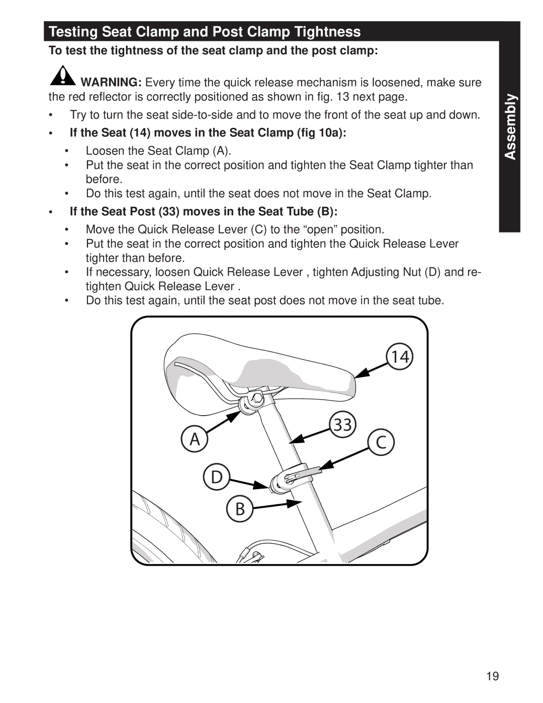 Huffy M0073 manual Testing Seat Clamp and Post Clamp Tightness, To test the tightness of the seat clamp and the post clamp 