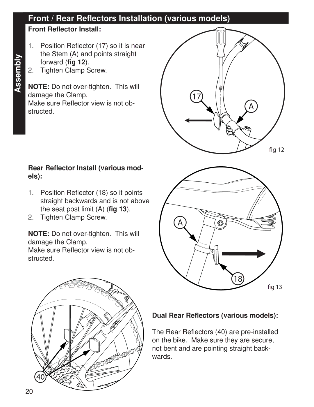 Huffy M0073 manual Assembly Front / Rear Reﬂectors Installation various models, Front Reﬂector Install 