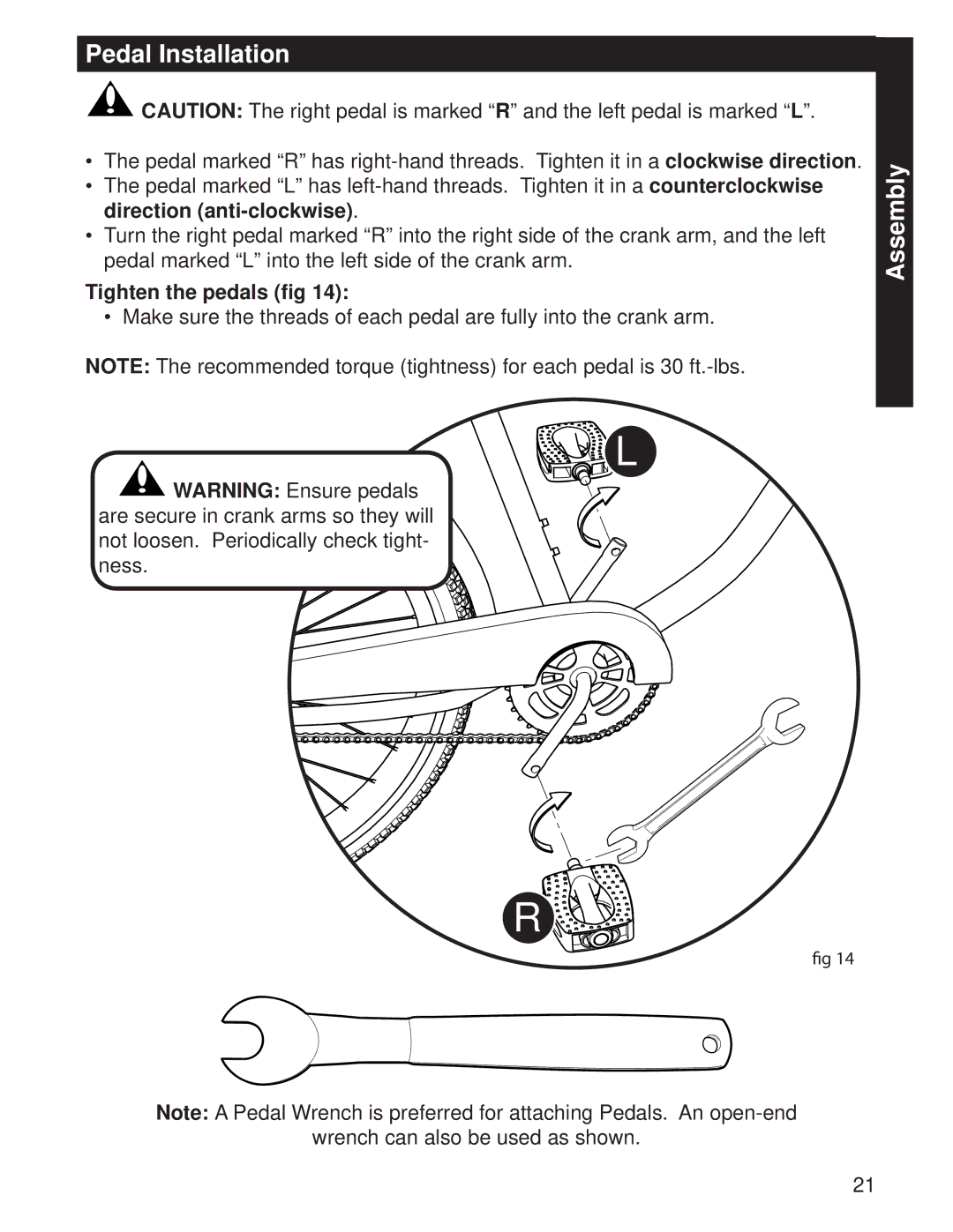 Huffy M0073 manual Pedal Installation, Tighten the pedals ﬁg 