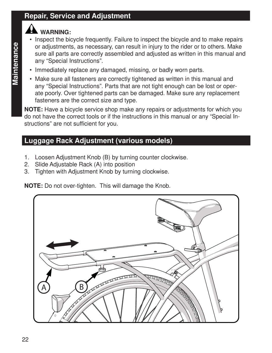 Huffy M0073 manual Maintenance Repair, Service and Adjustment, Luggage Rack Adjustment various models 