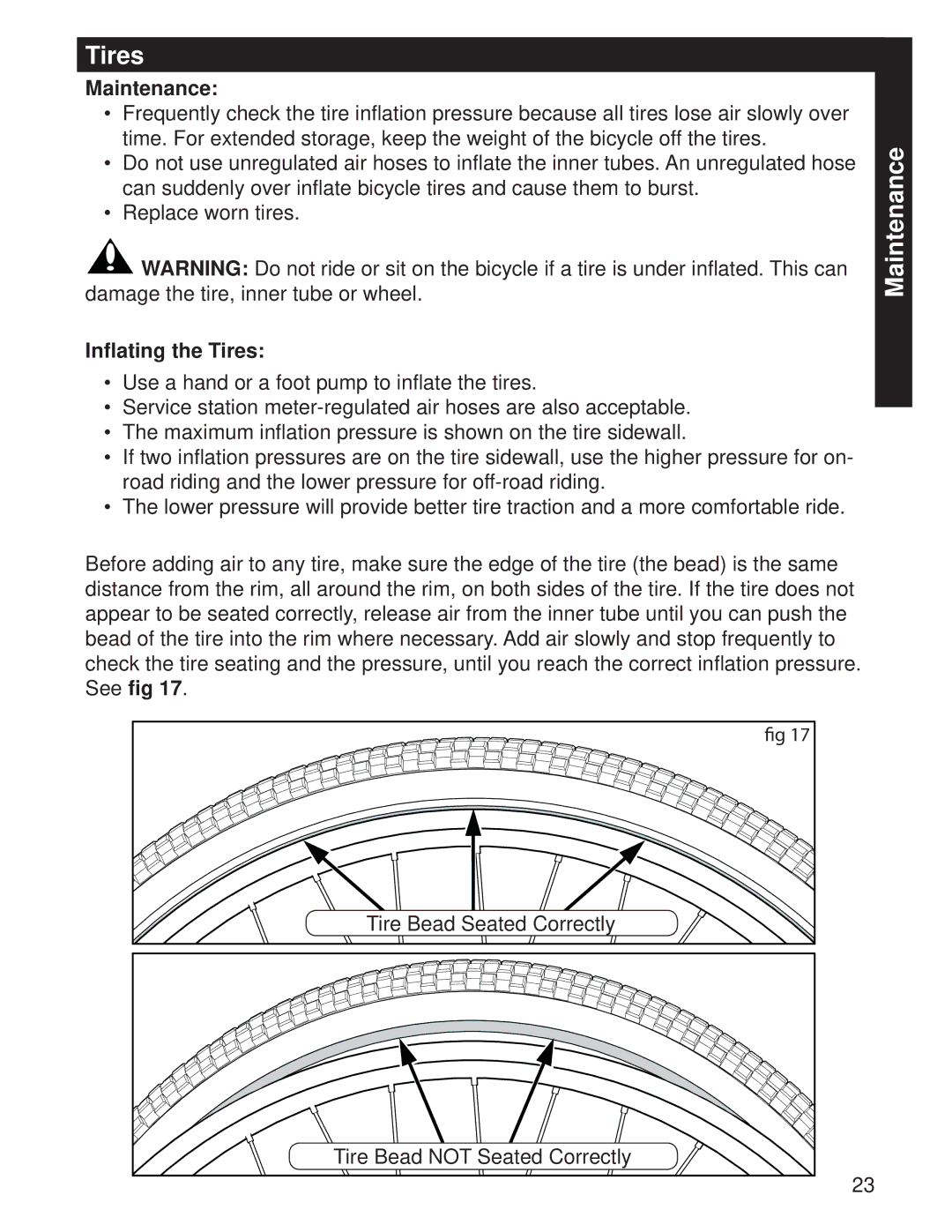 Huffy M0073 manual Maintenance, Inﬂating the Tires 