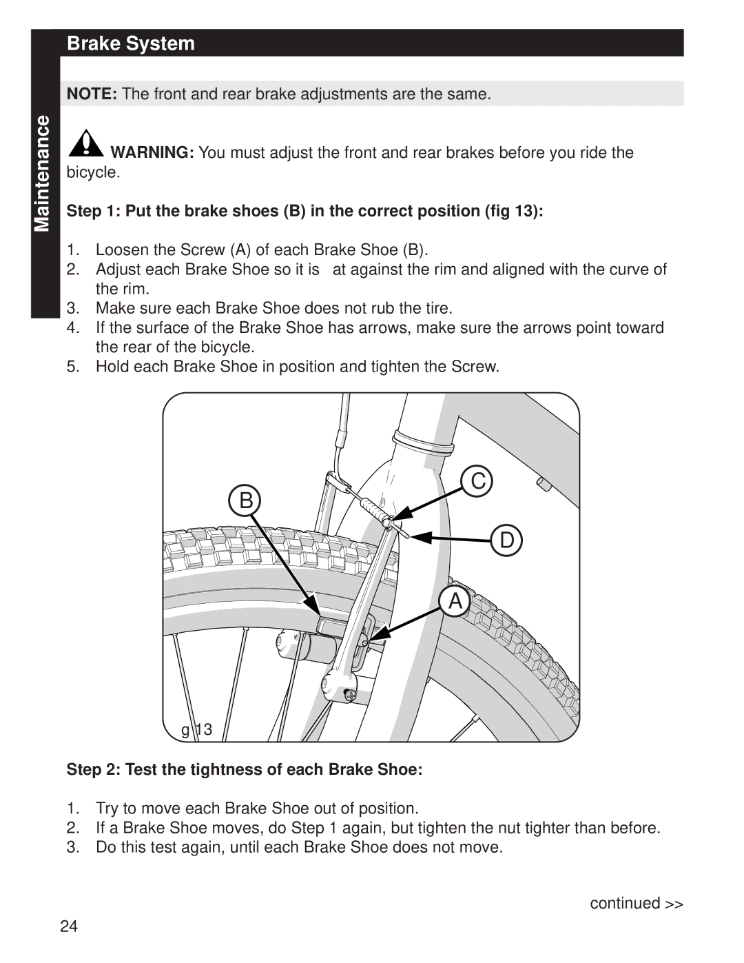 Huffy M0073 manual Maintenance Brake System, Put the brake shoes B in the correct position ﬁg 