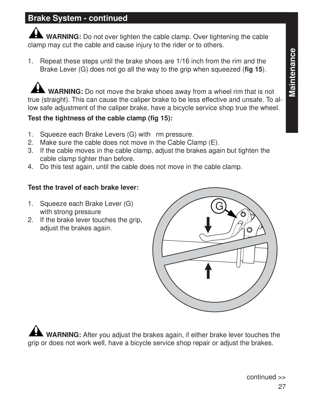 Huffy M0073 manual Test the tightness of the cable clamp ﬁg, Test the travel of each brake lever 