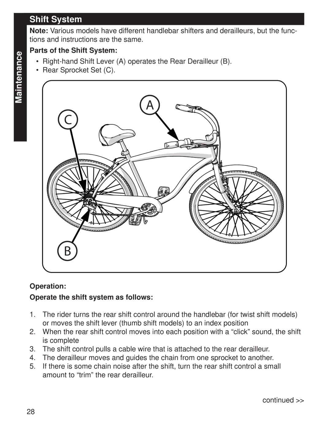 Huffy M0073 manual Maintenance Shift System, Parts of the Shift System, Operation Operate the shift system as follows 