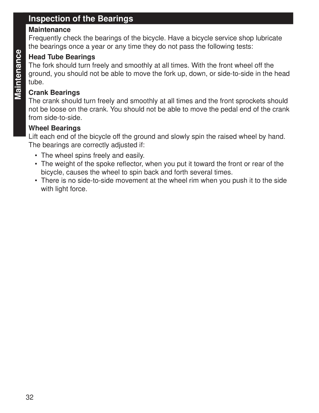 Huffy M0073 manual Maintenance Inspection of the Bearings, Head Tube Bearings, Crank Bearings, Wheel Bearings 