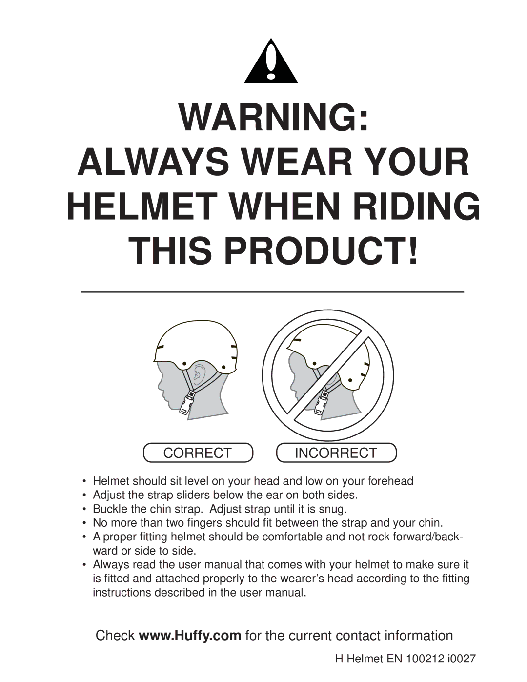 Huffy M0073 manual Always Wear Your Helmet When Riding this Product 