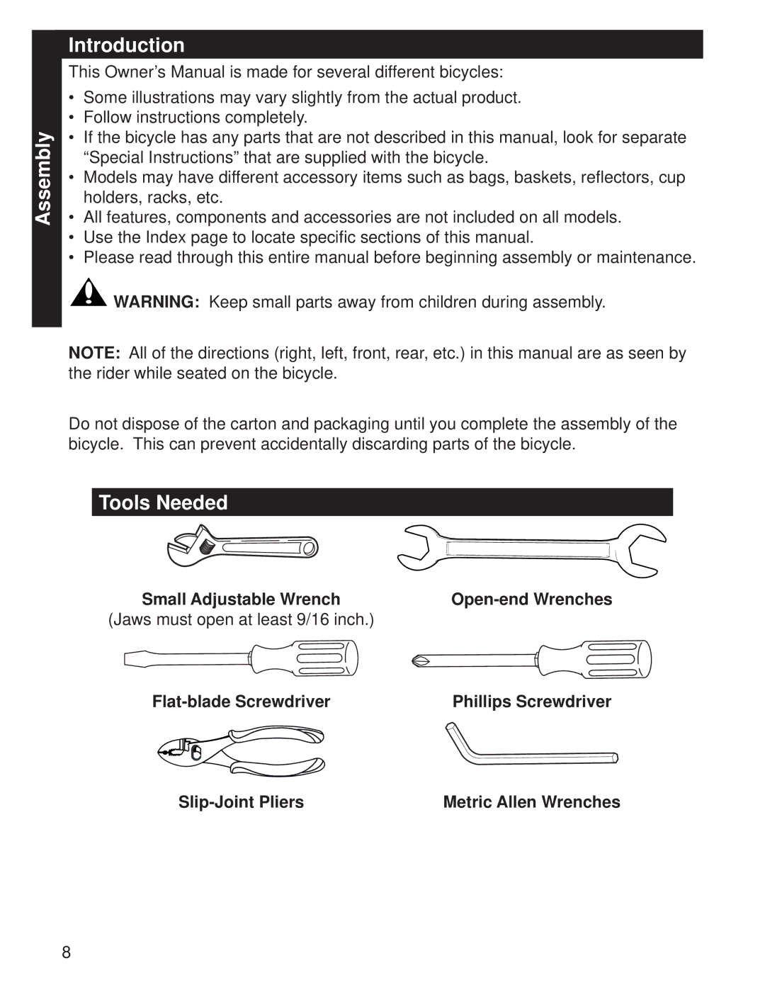 Huffy M0073 manual Assembly Introduction, Tools Needed, Flat-blade Screwdriver, Slip-Joint Pliers 