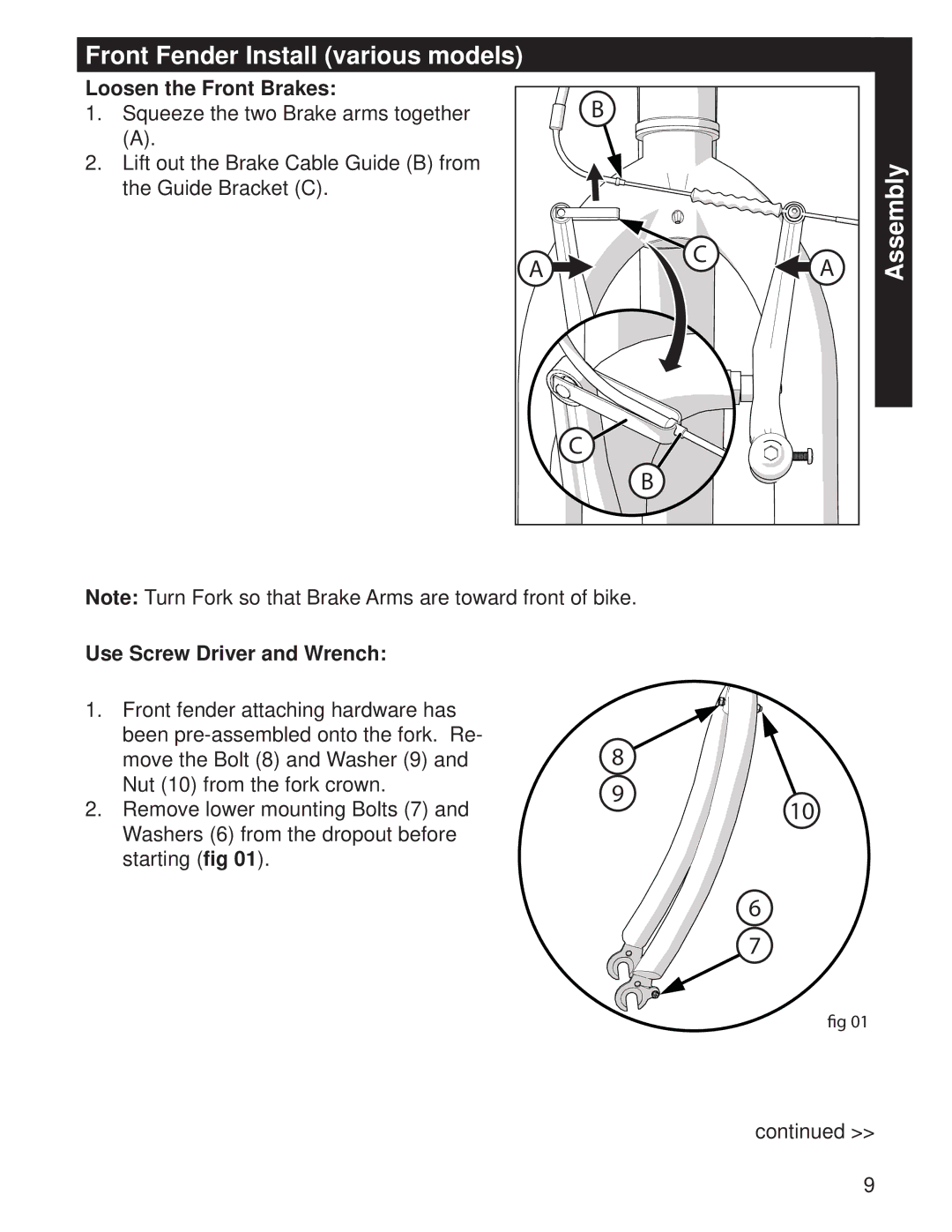 Huffy M0073 manual Front Fender Install various models, Assembly, Loosen the Front Brakes, Use Screw Driver and Wrench 