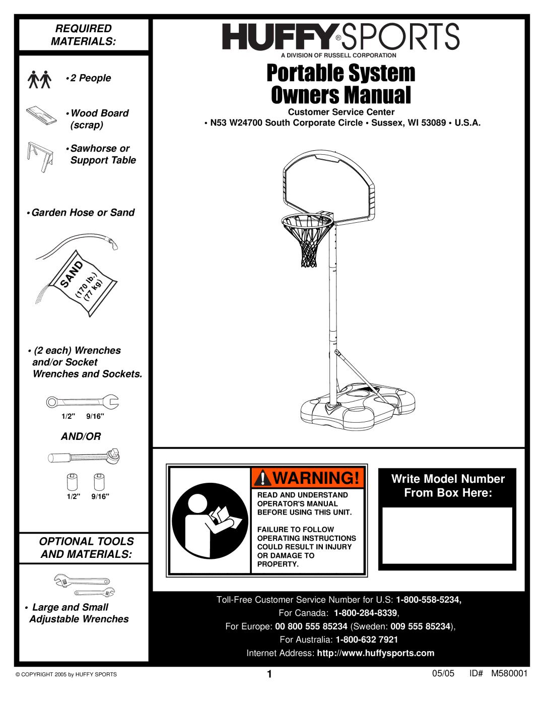 Huffy M580001 manual Portable System 