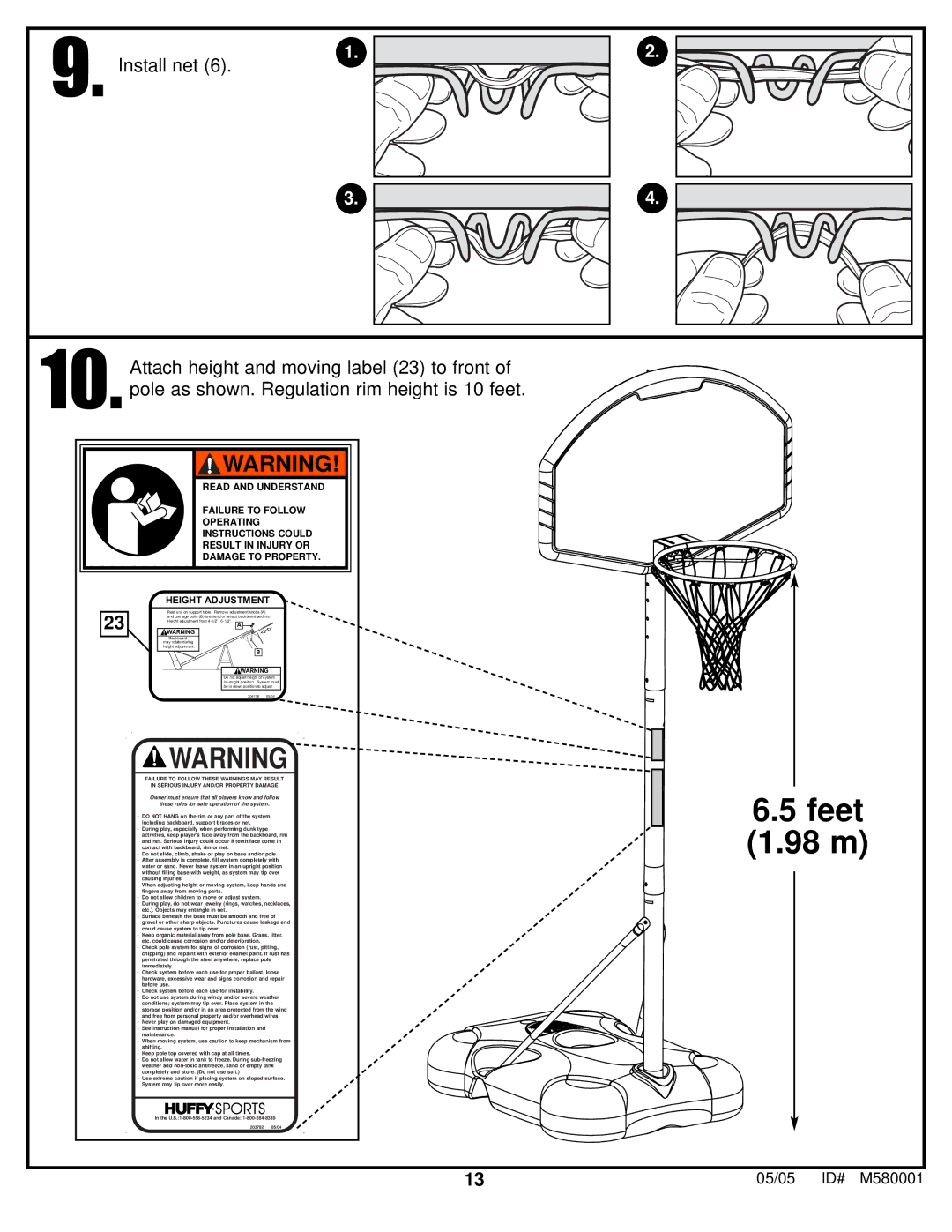 Huffy M580001 manual Feet 1.98 m 