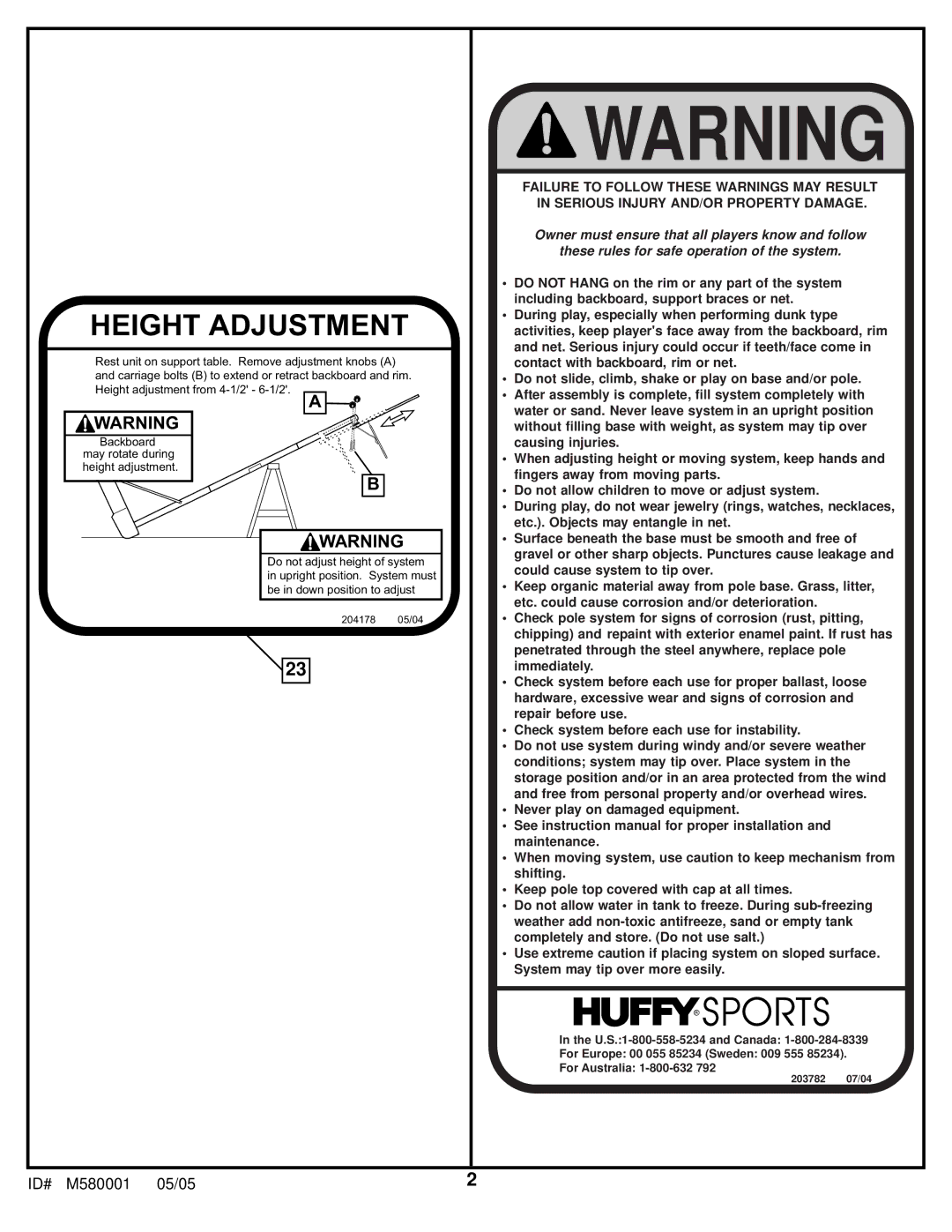 Huffy M580001 manual Height Adjustment 