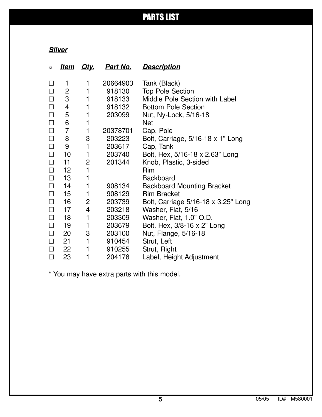 Huffy M580001 manual Parts List 