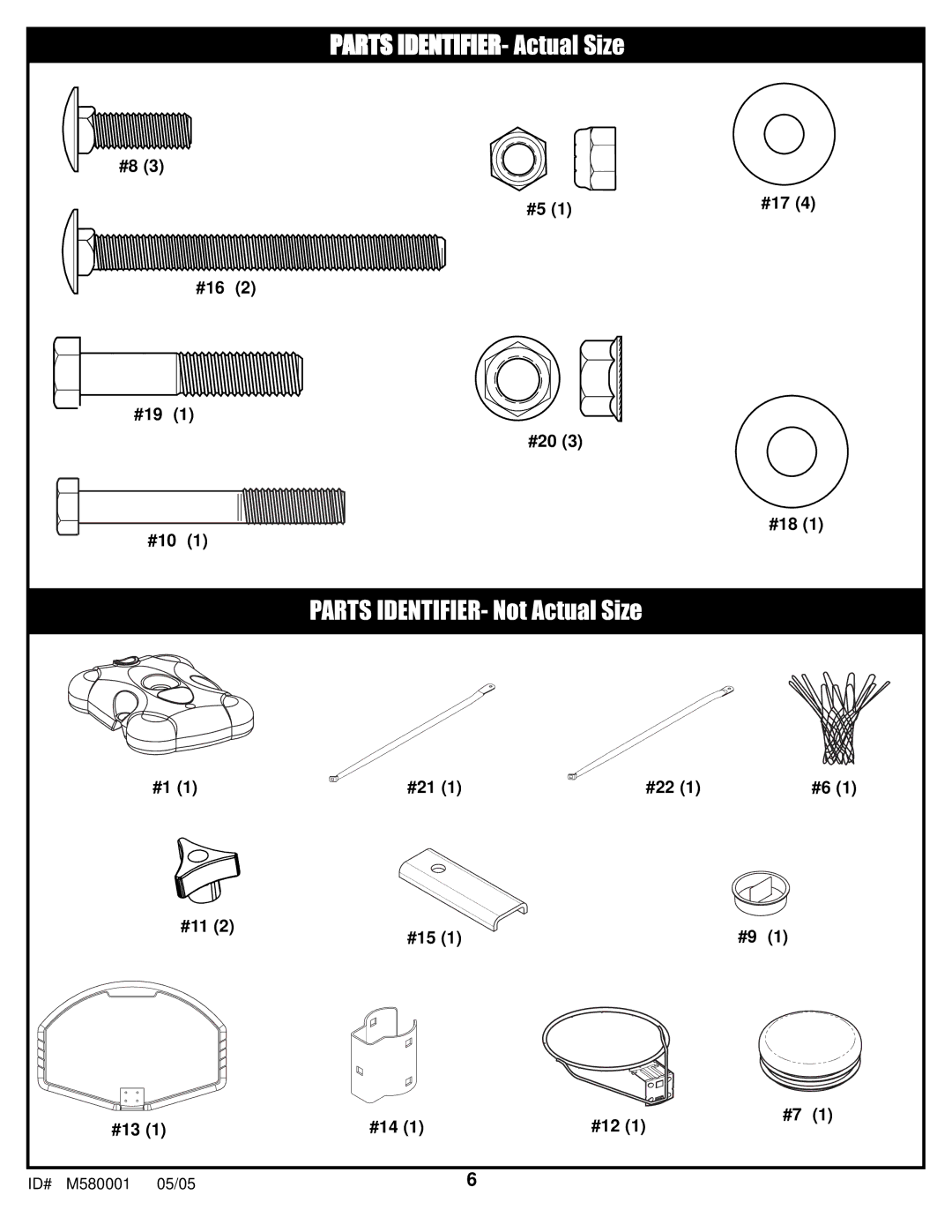 Huffy M580001 manual Parts IDENTIFIER- Actual Size 