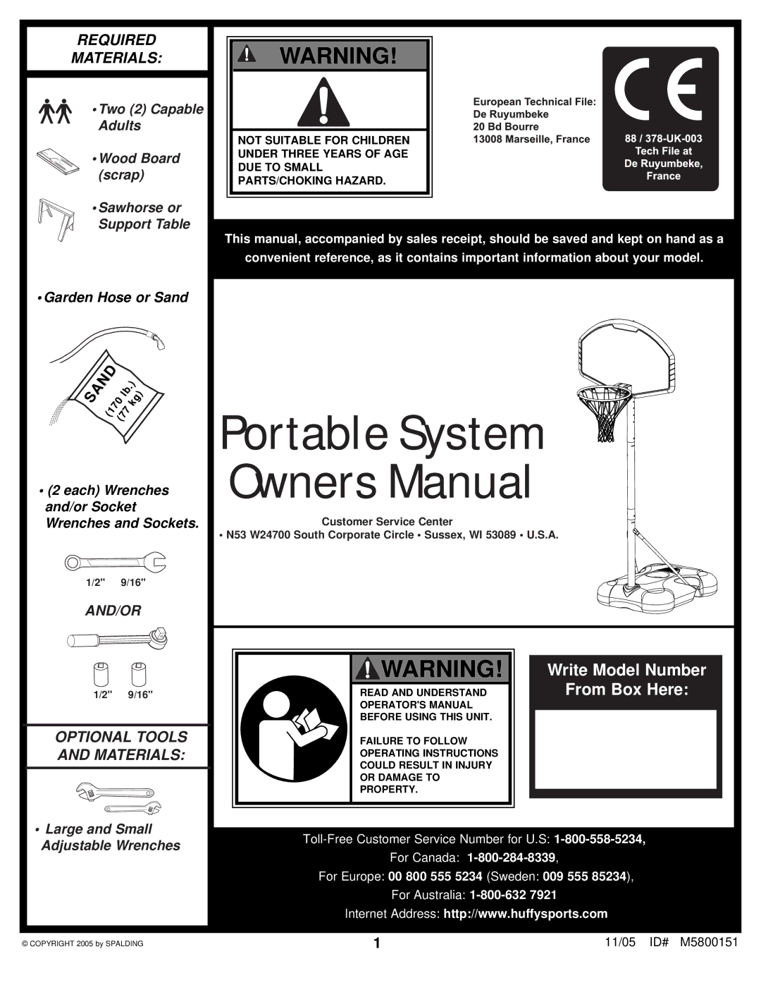 Huffy M5800151 manual Portable System 