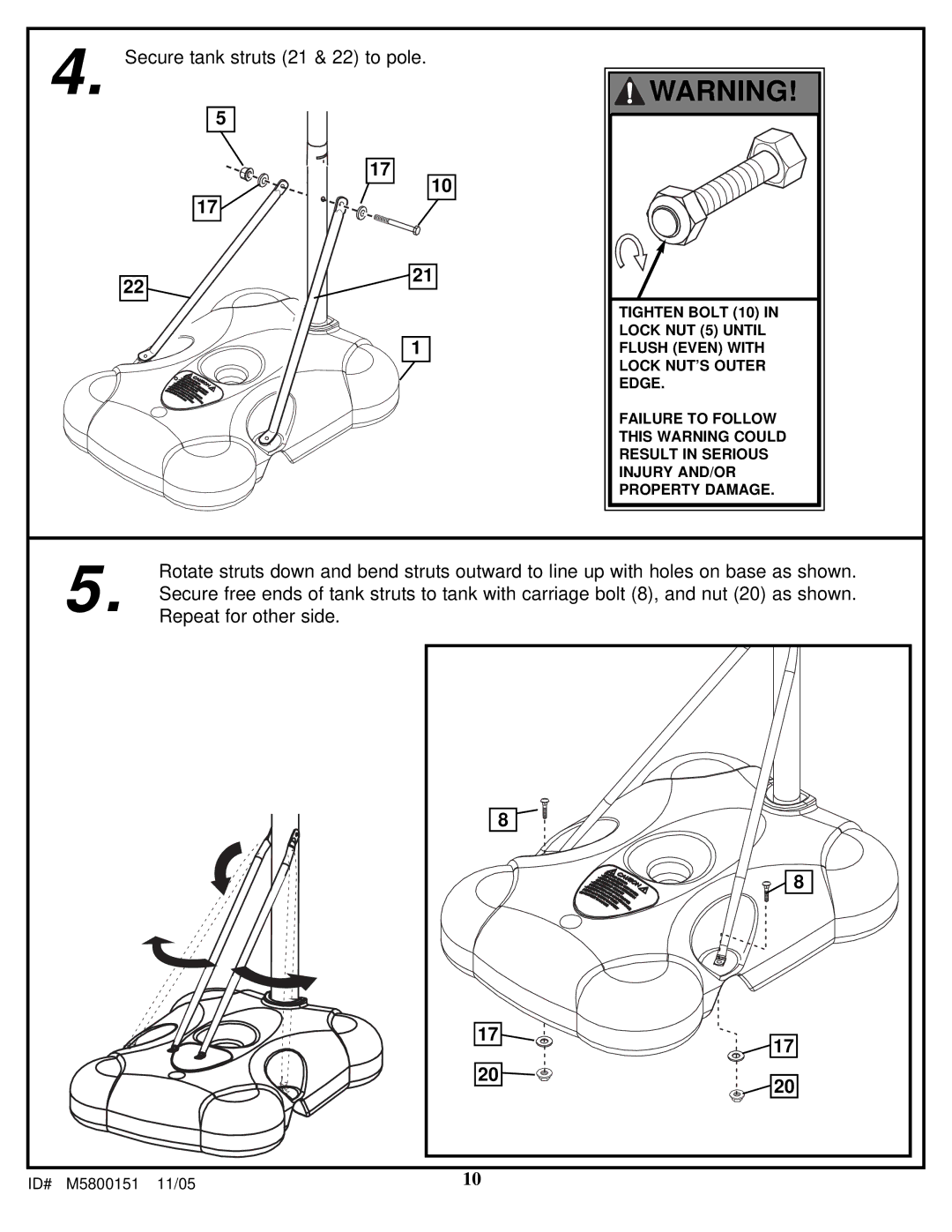 Huffy M5800151 manual Secure tank struts 21 & 22 to pole, Repeat for other side 