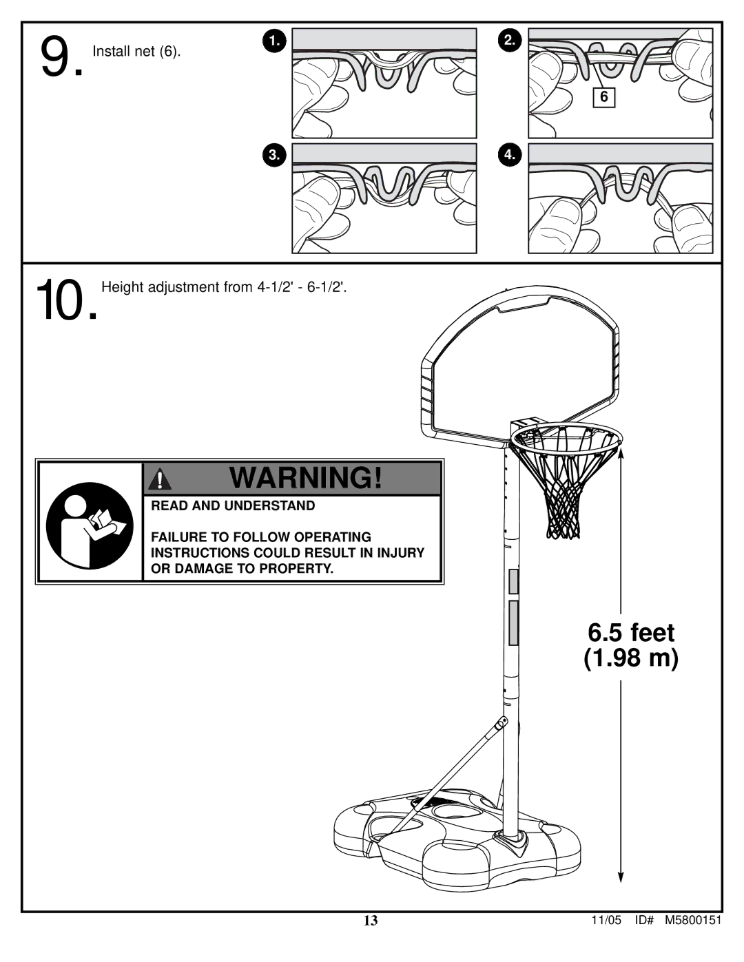 Huffy M5800151 manual Install net, Height adjustment from 4-1/2 6-1/2 