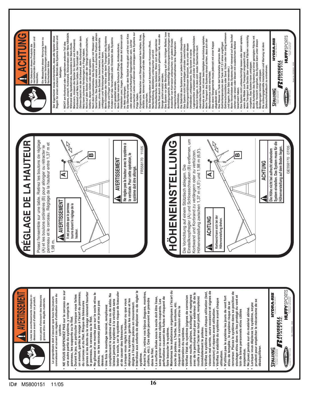 Huffy M5800151 manual Höheneinstellung 